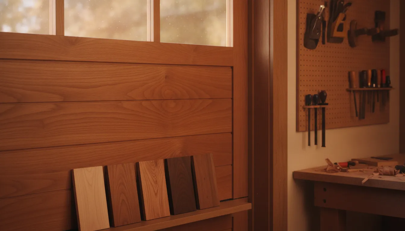 Western red cedar grain and stain samples in a woodworking shop