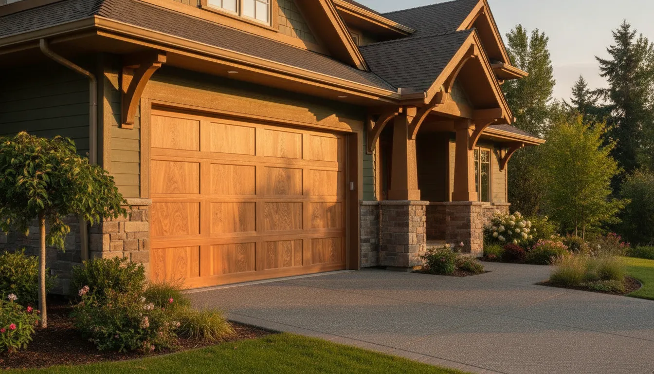 Western red cedar garage door showing natural grain and custom panel proportions