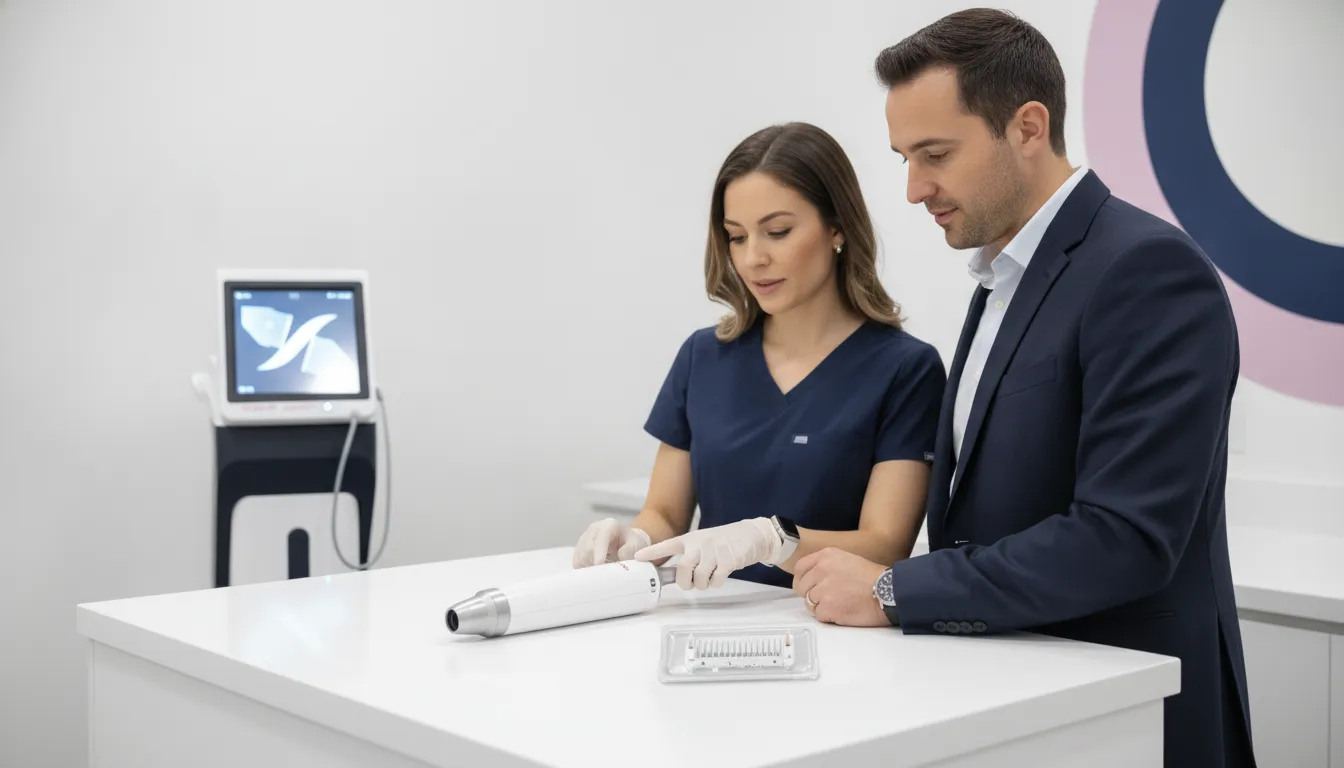 Aesthetic practice team reviewing an RF microneedling handpiece and cartridge