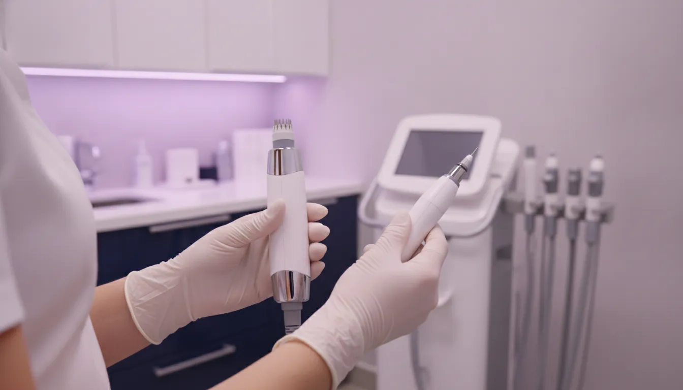 Professional RF microneedling handpiece and traditional microneedling pen in a treatment room