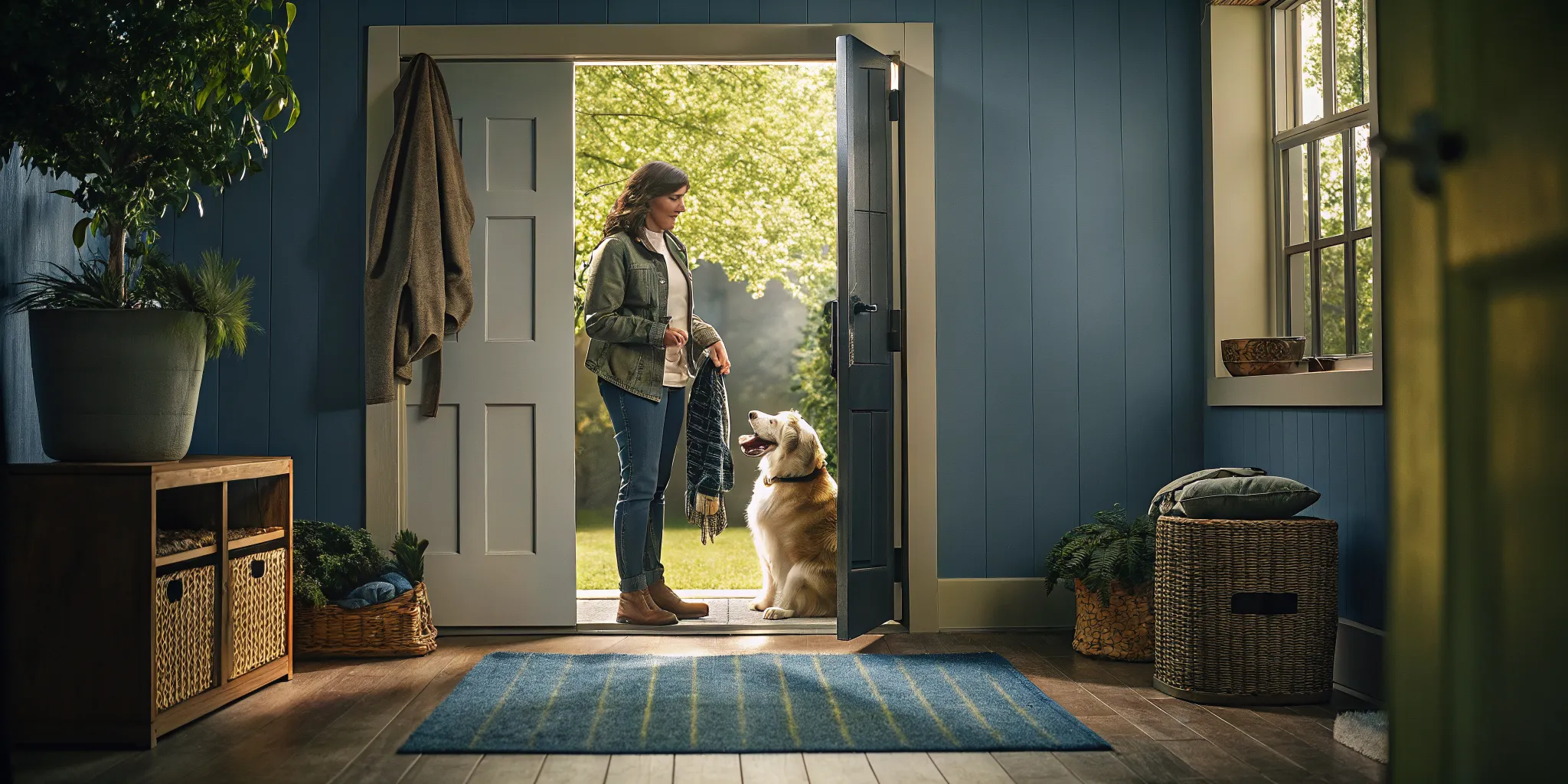 Owner practicing calm place work with a dog after board and train