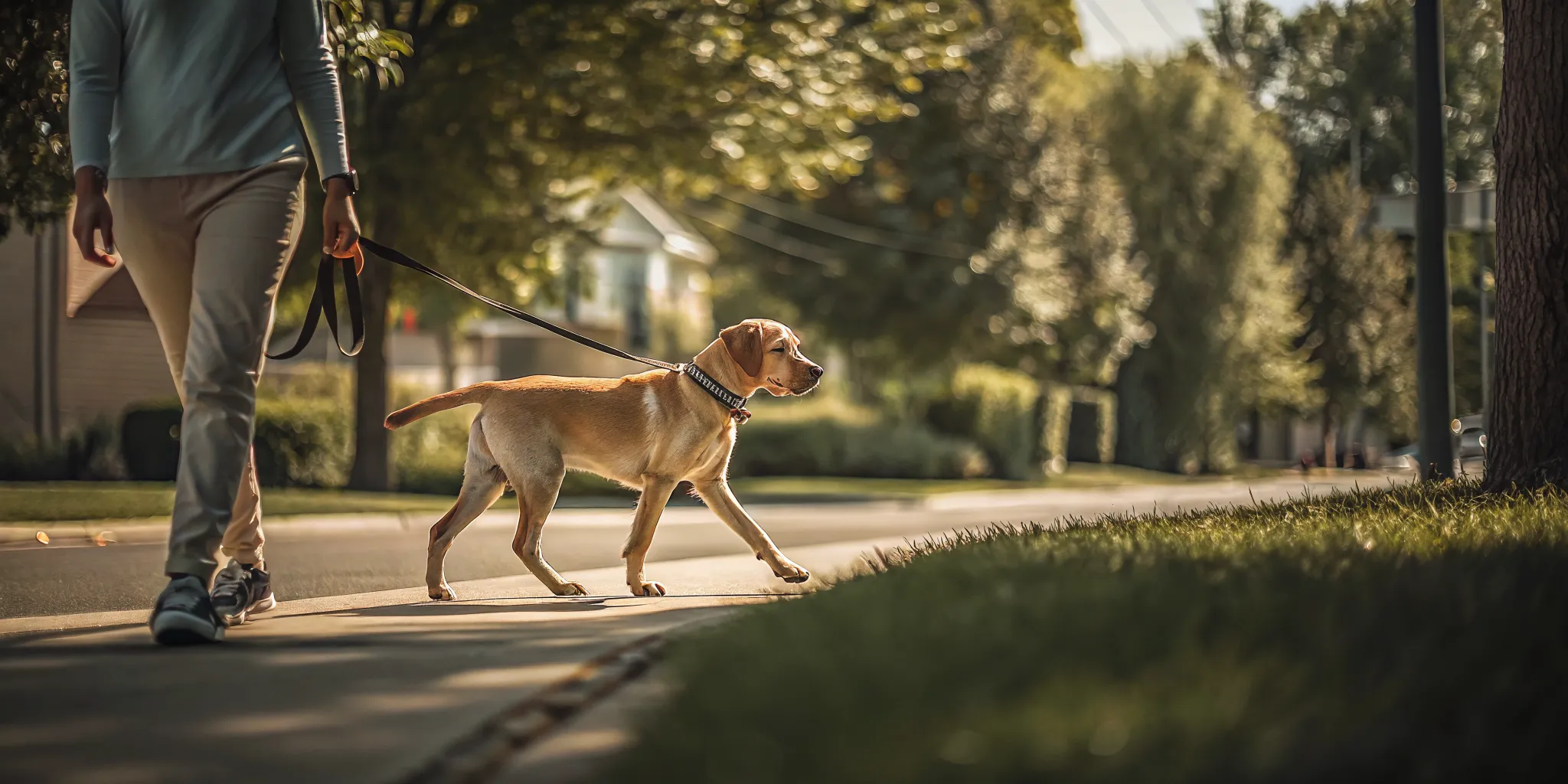 Trainer walking a calm dog during board and train practice in Northern California