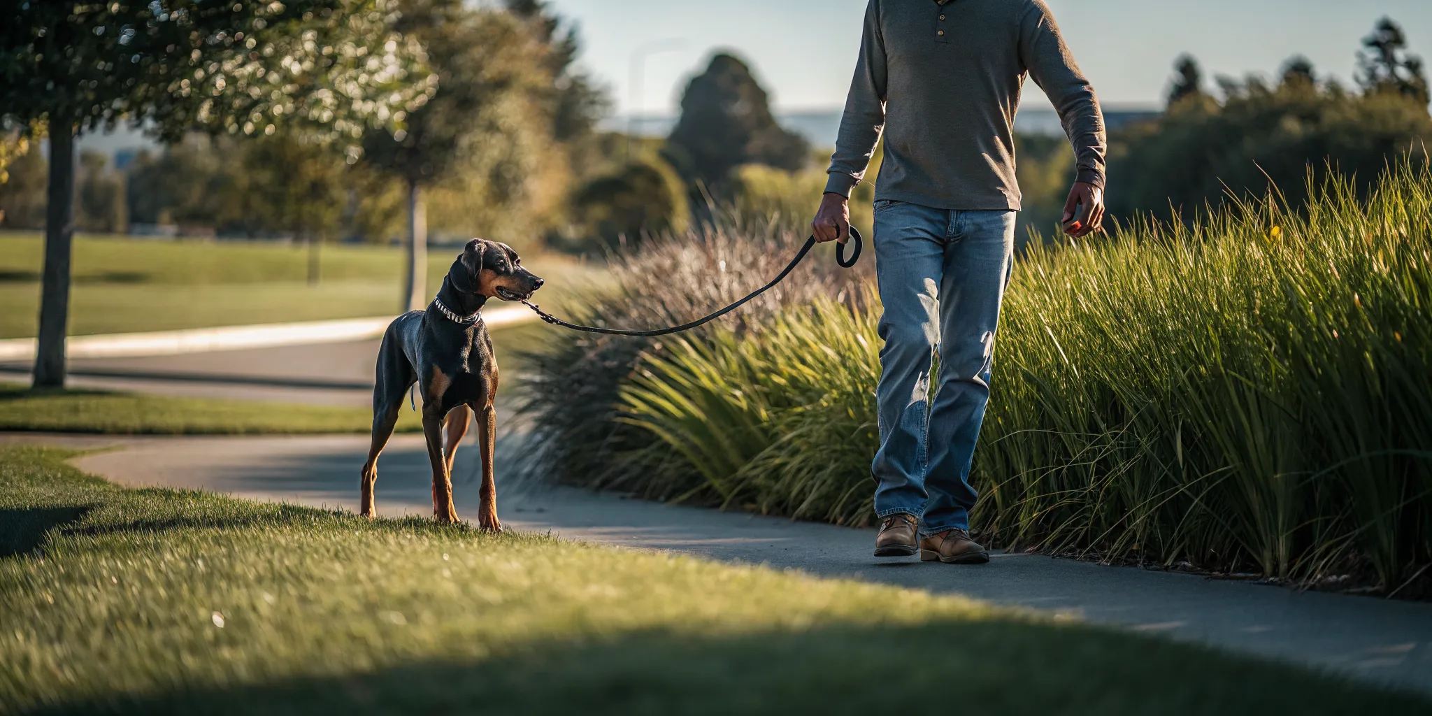 Trainer coaching a dog owner through a calm leash handoff