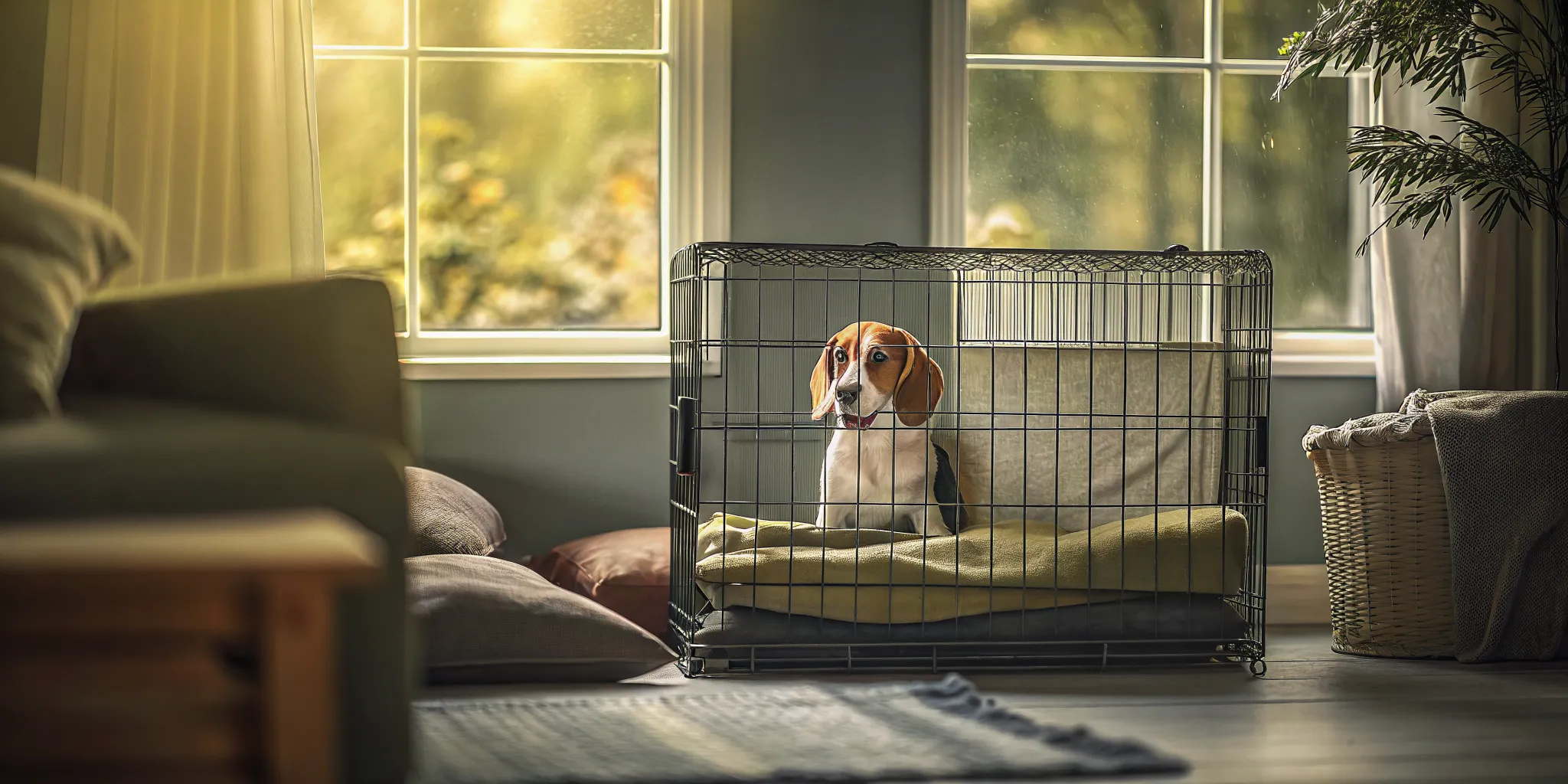 A happy beagle puppy sitting calmly inside a cozy crate setup in a bedroom