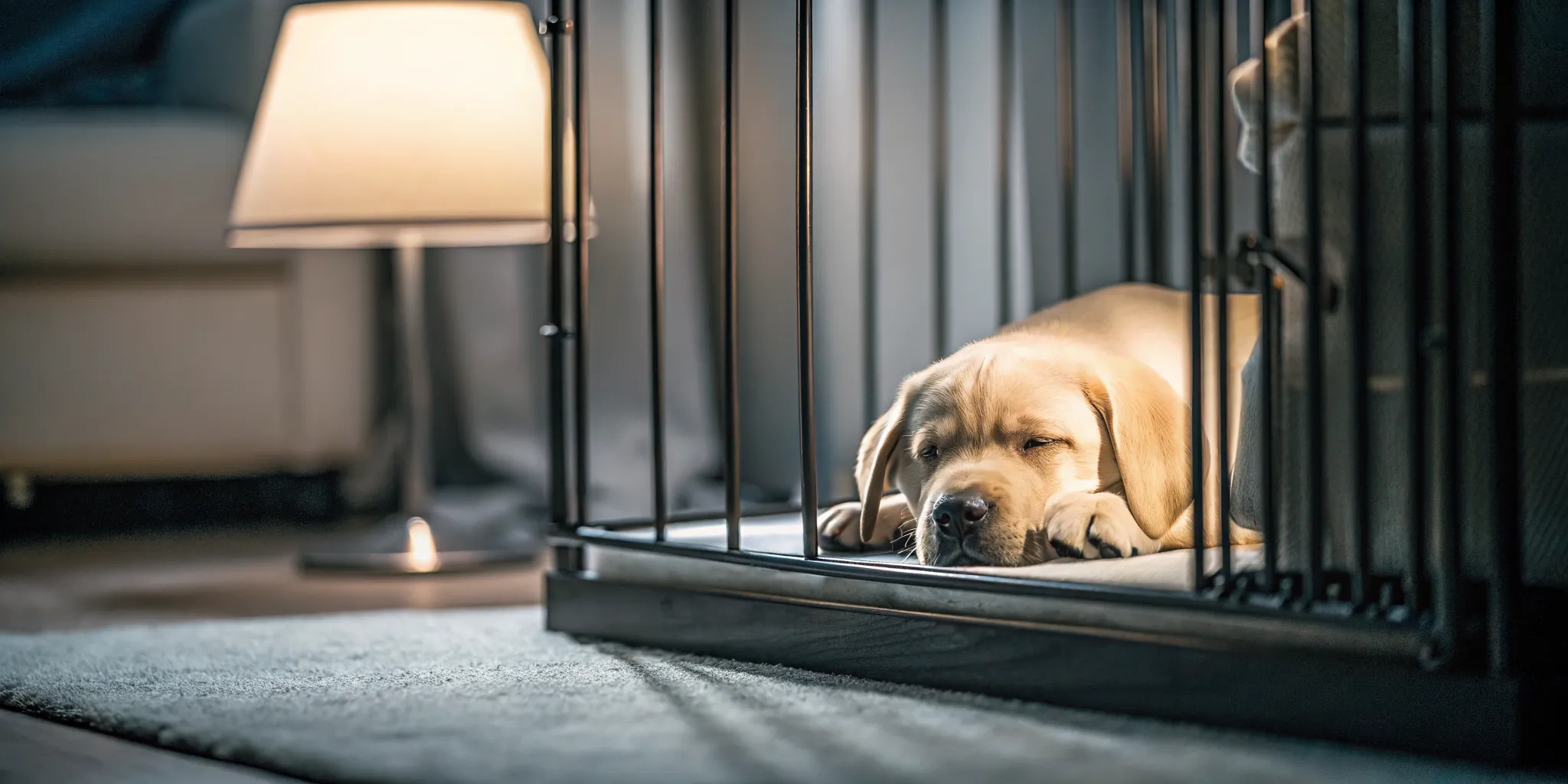 A young Labrador puppy sleeping peacefully in a dog crate at night