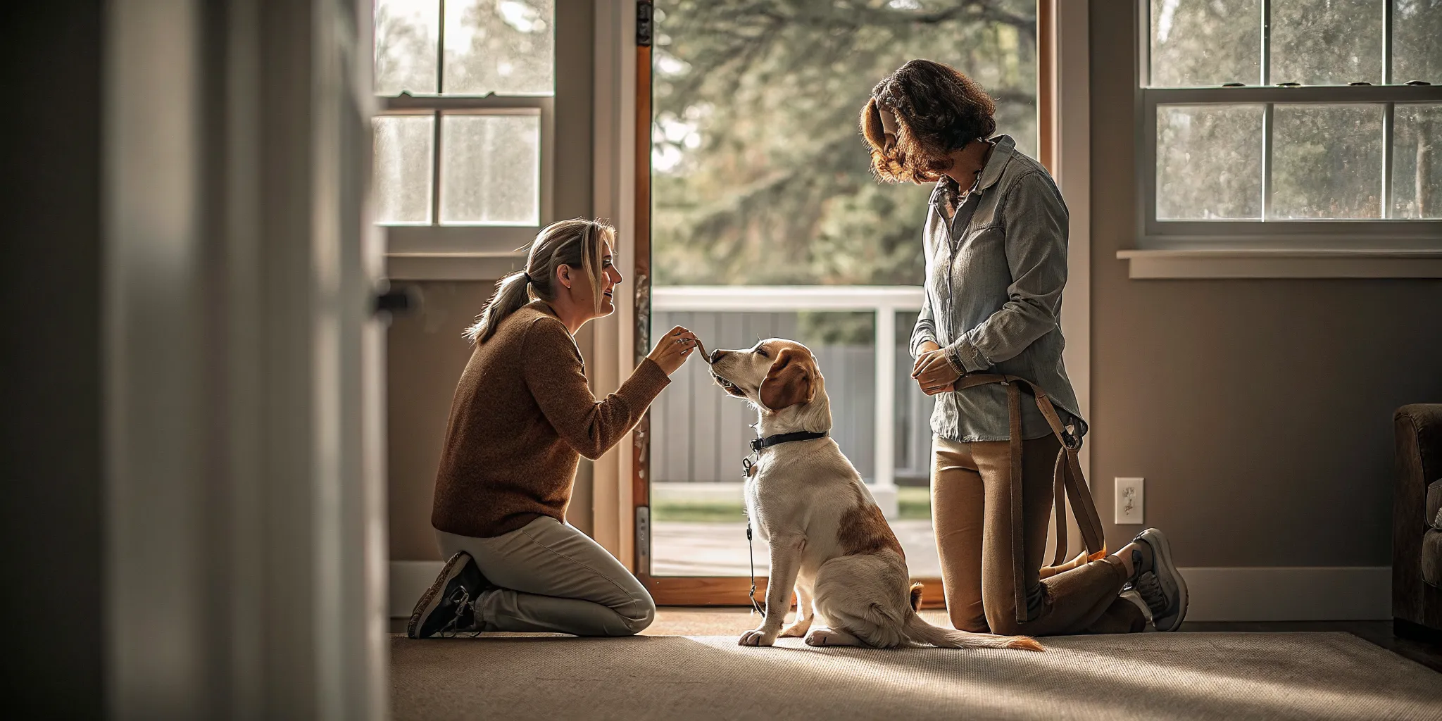 Trainer coaching a dog owner during a board and train handoff lesson