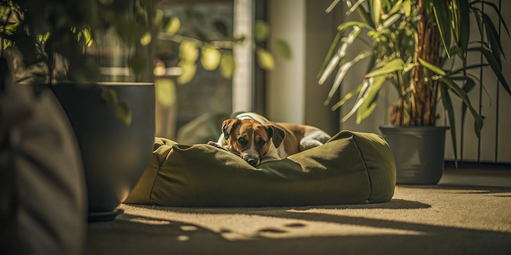 Calm rescue dog resting on a cozy bed in a quiet corner of the home