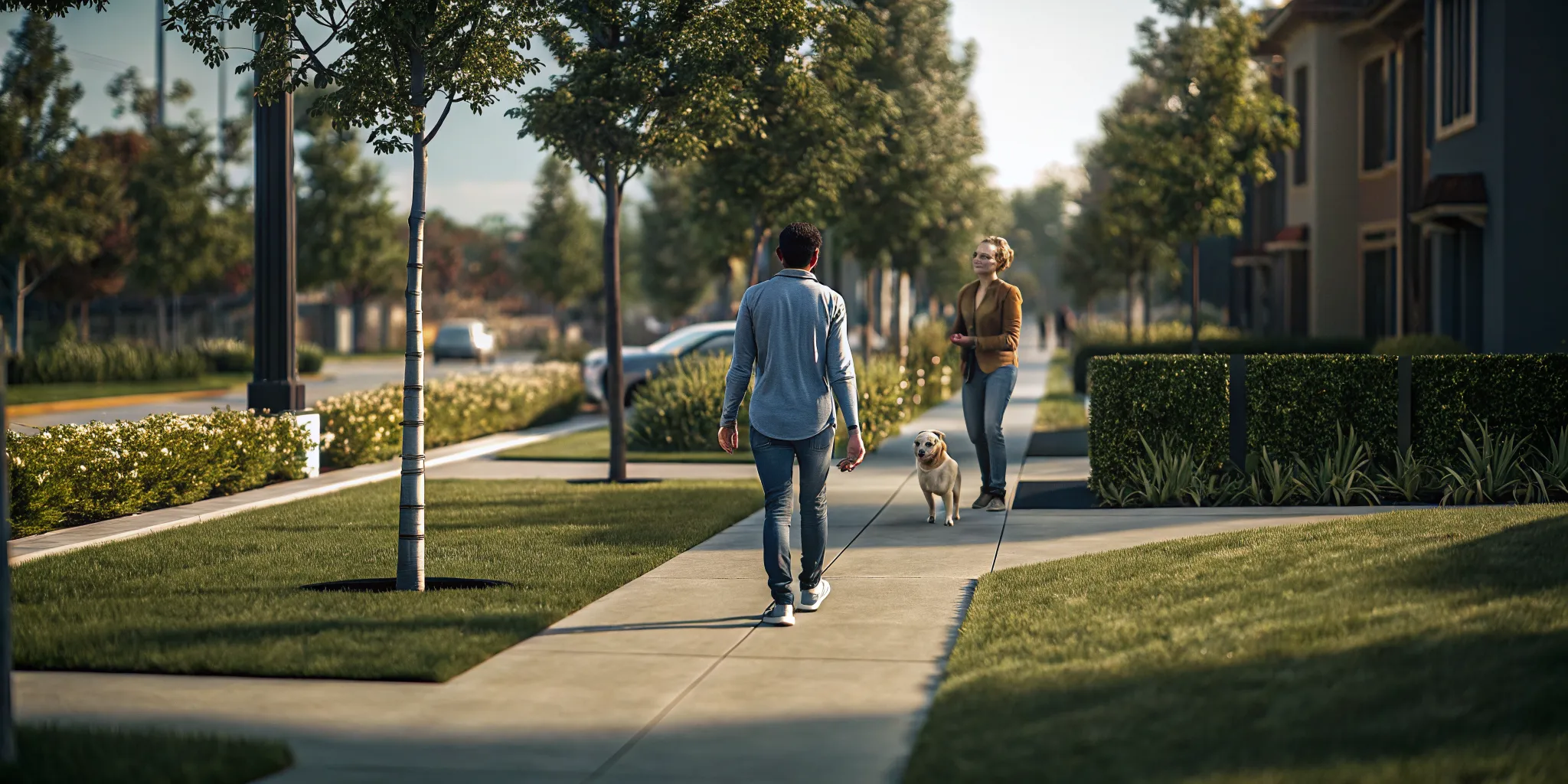 Owner practicing a calm structured leash walk with a reactive dog
