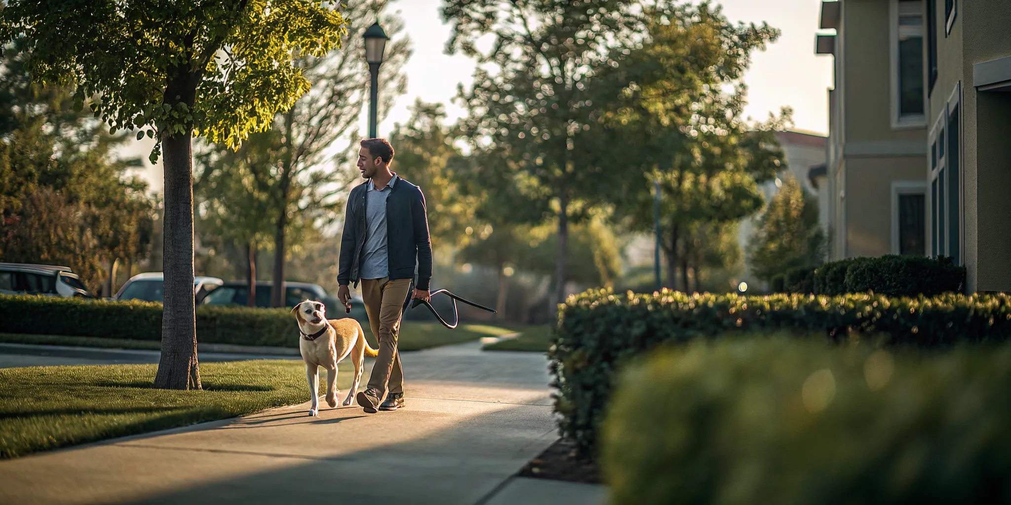 Busy professional practicing loose leash walking with a trained dog in the East Bay