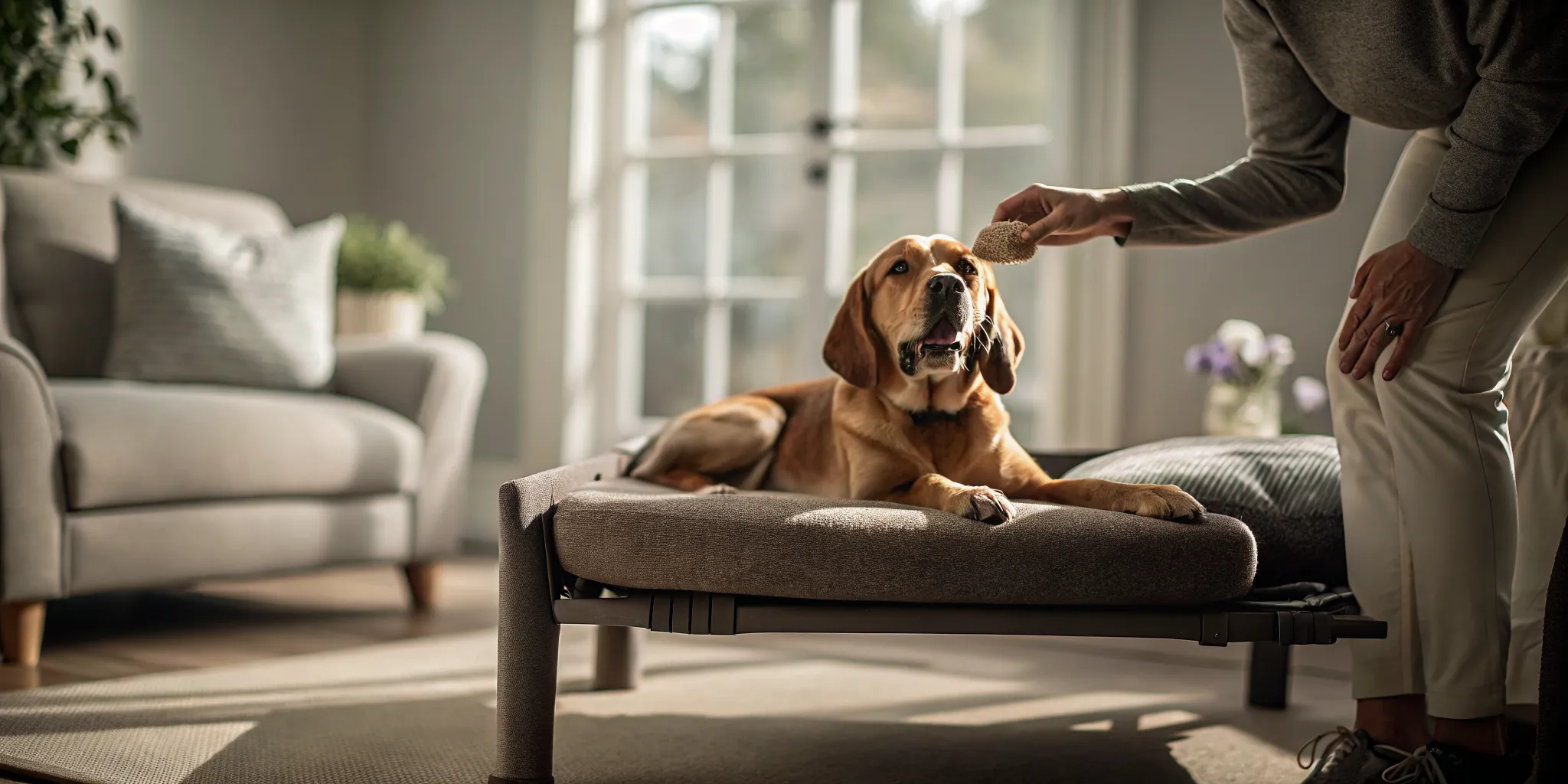 Dog lying calmly on a raised cot while owner offers a treat reward