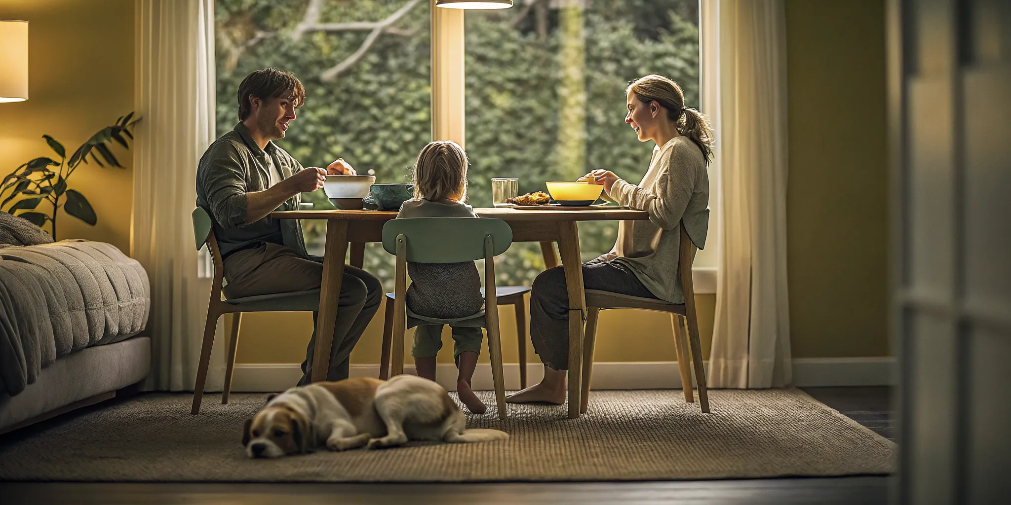 Dog staying calmly on a bed mat while family eats dinner in a nearby dining room