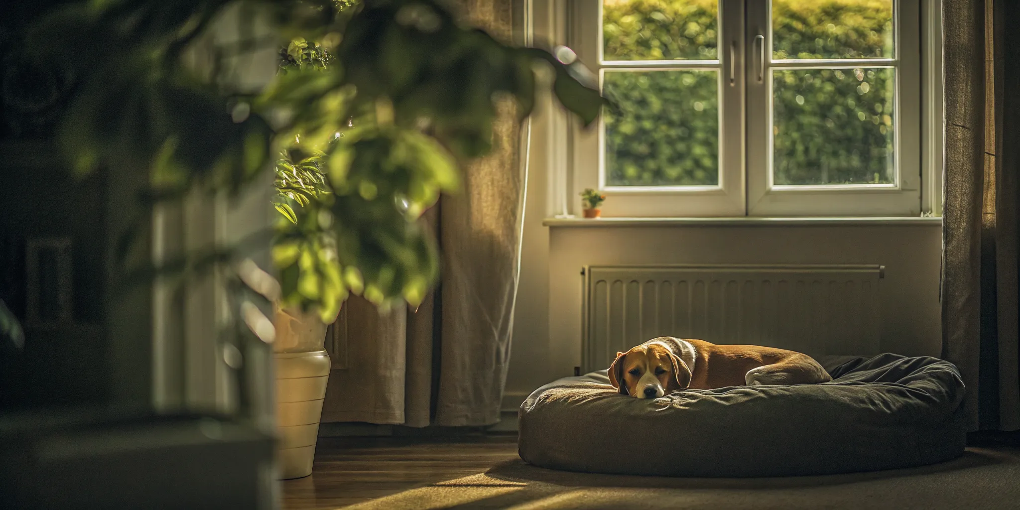Young dog calmly resting on a place bed at home