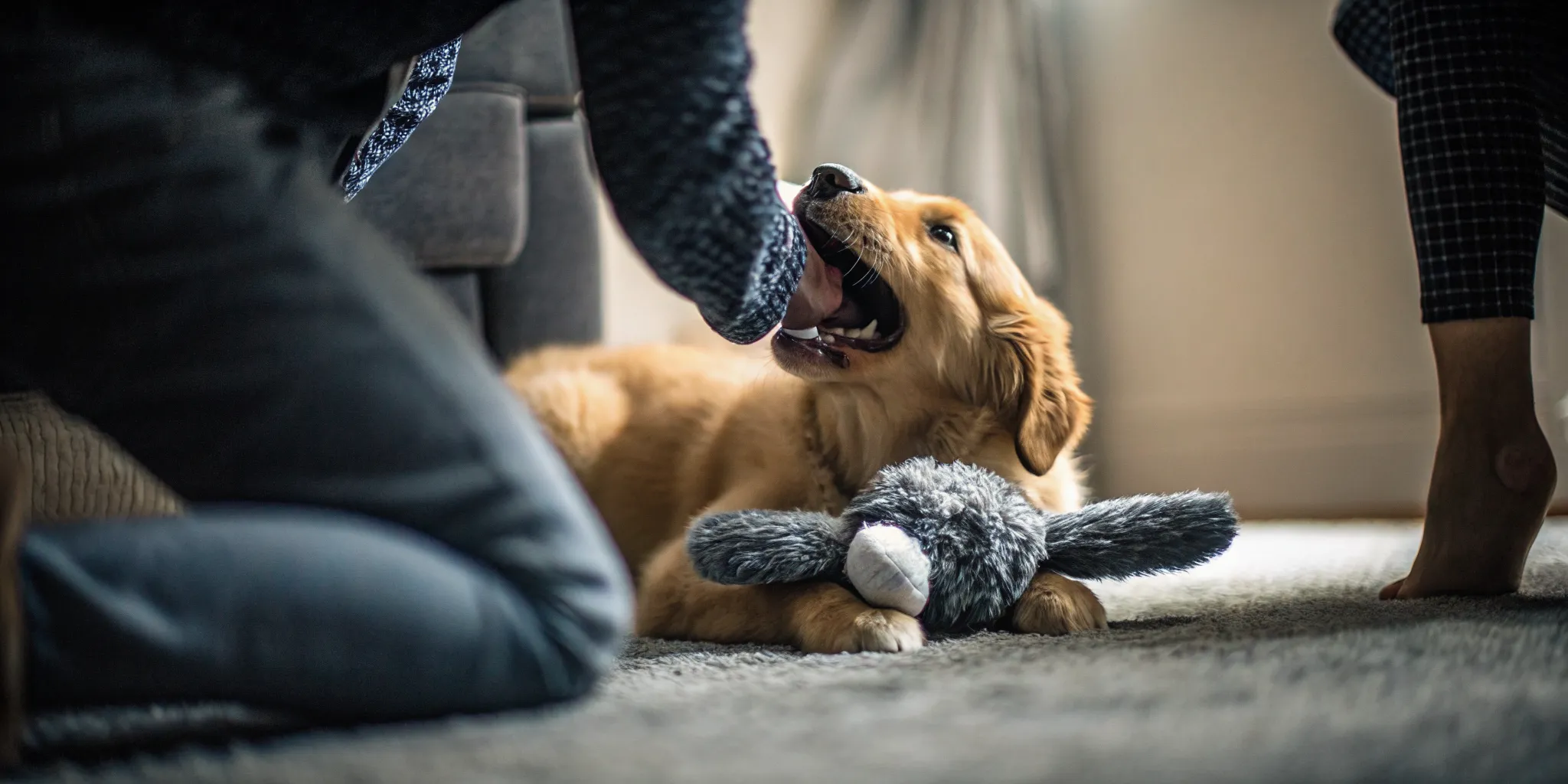 Golden retriever puppy playfully mouthing a soft plush toy with relaxed body language