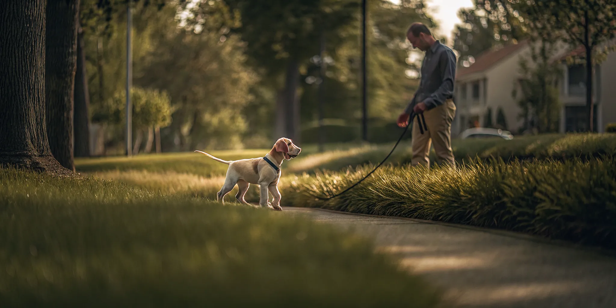 Young puppy practicing leash skills during a puppy board and train readiness session