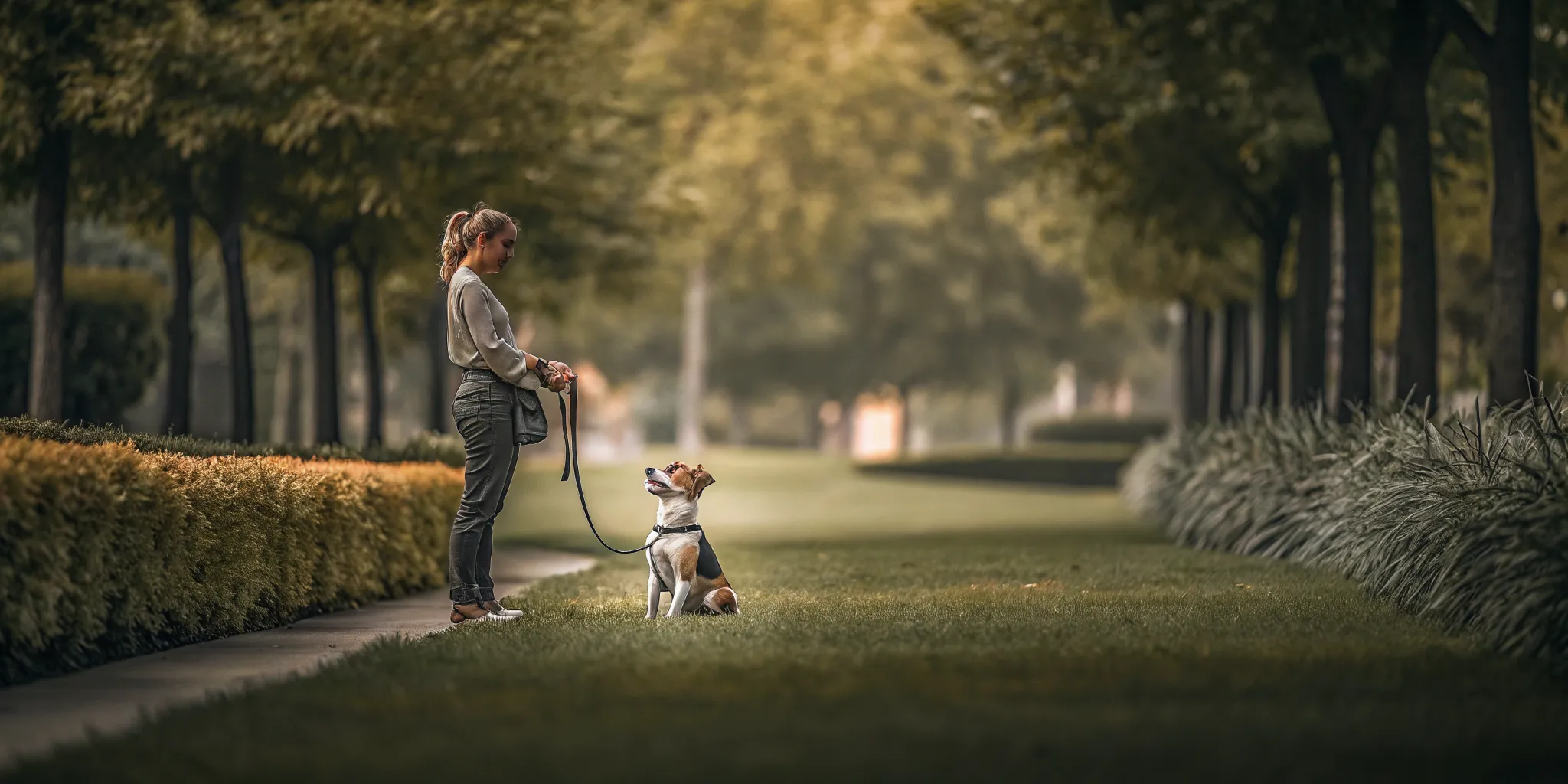 Trainer helping a reactive dog remain calm at a safe distance outdoors