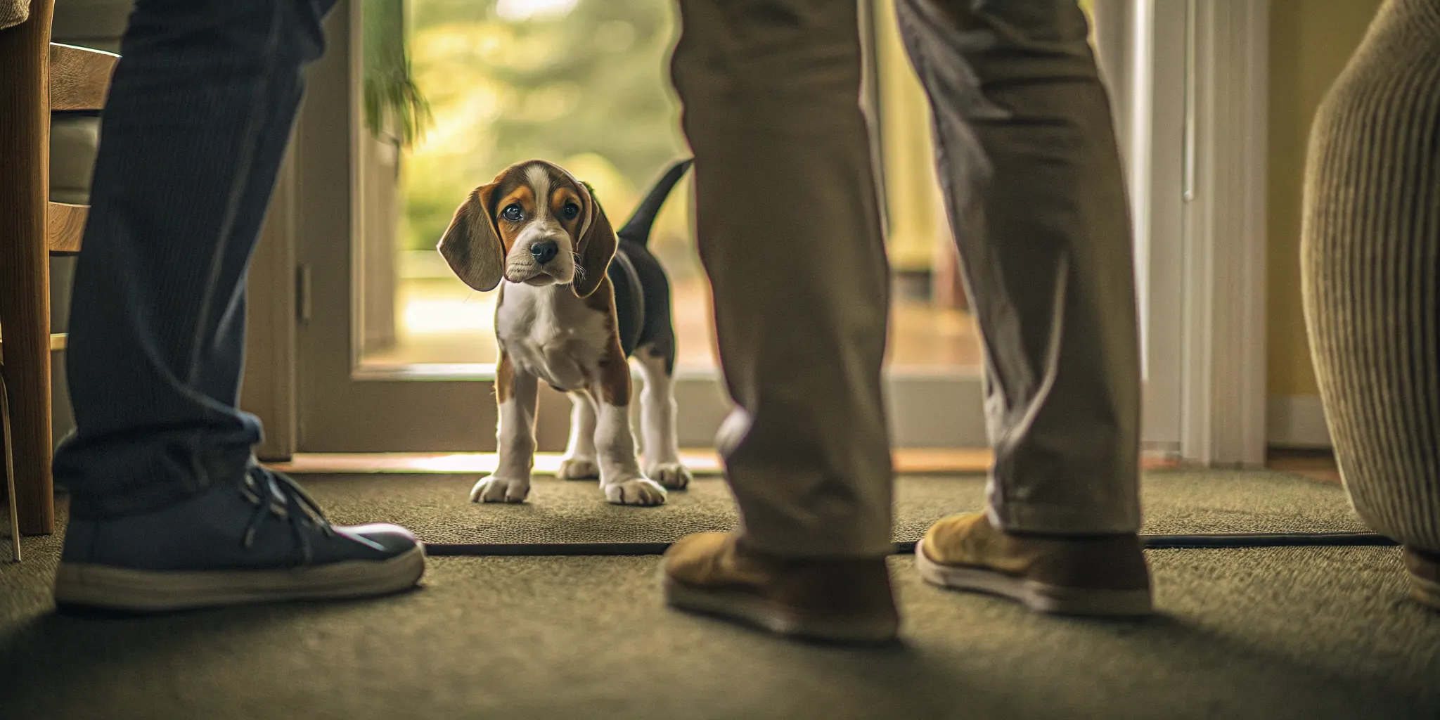 Puppy with tense body language and alert expression showing warning signs