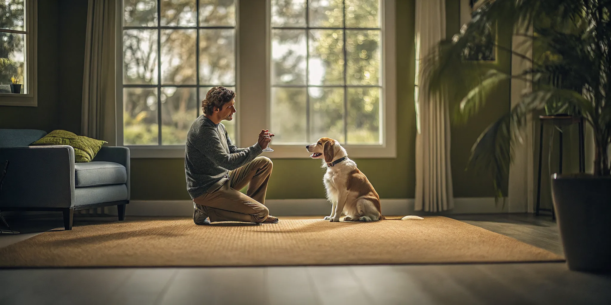 Professional trainer practicing calm place training with a dog in a home