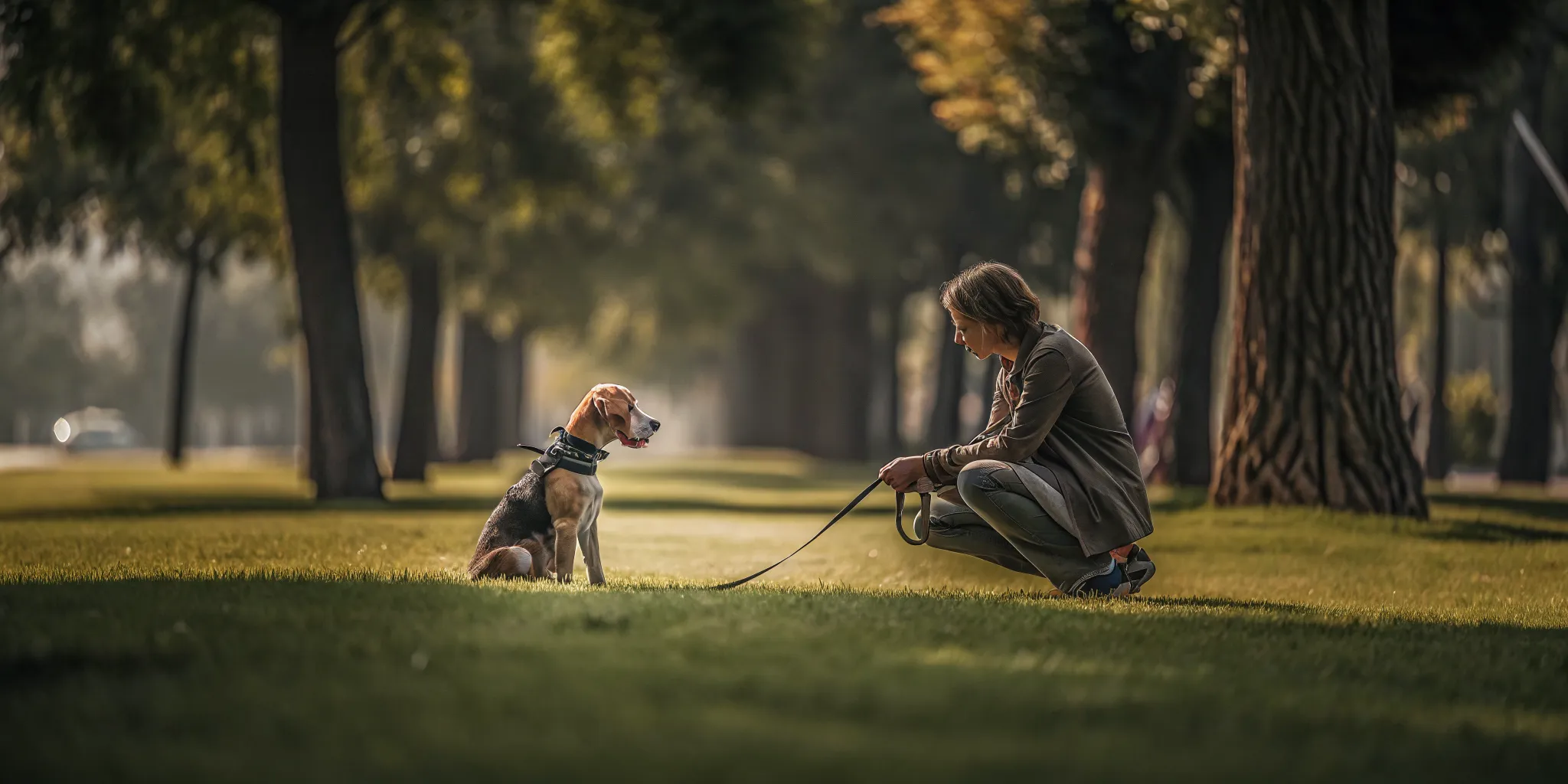 Adolescent puppy practicing calm leash skills with a trainer outdoors