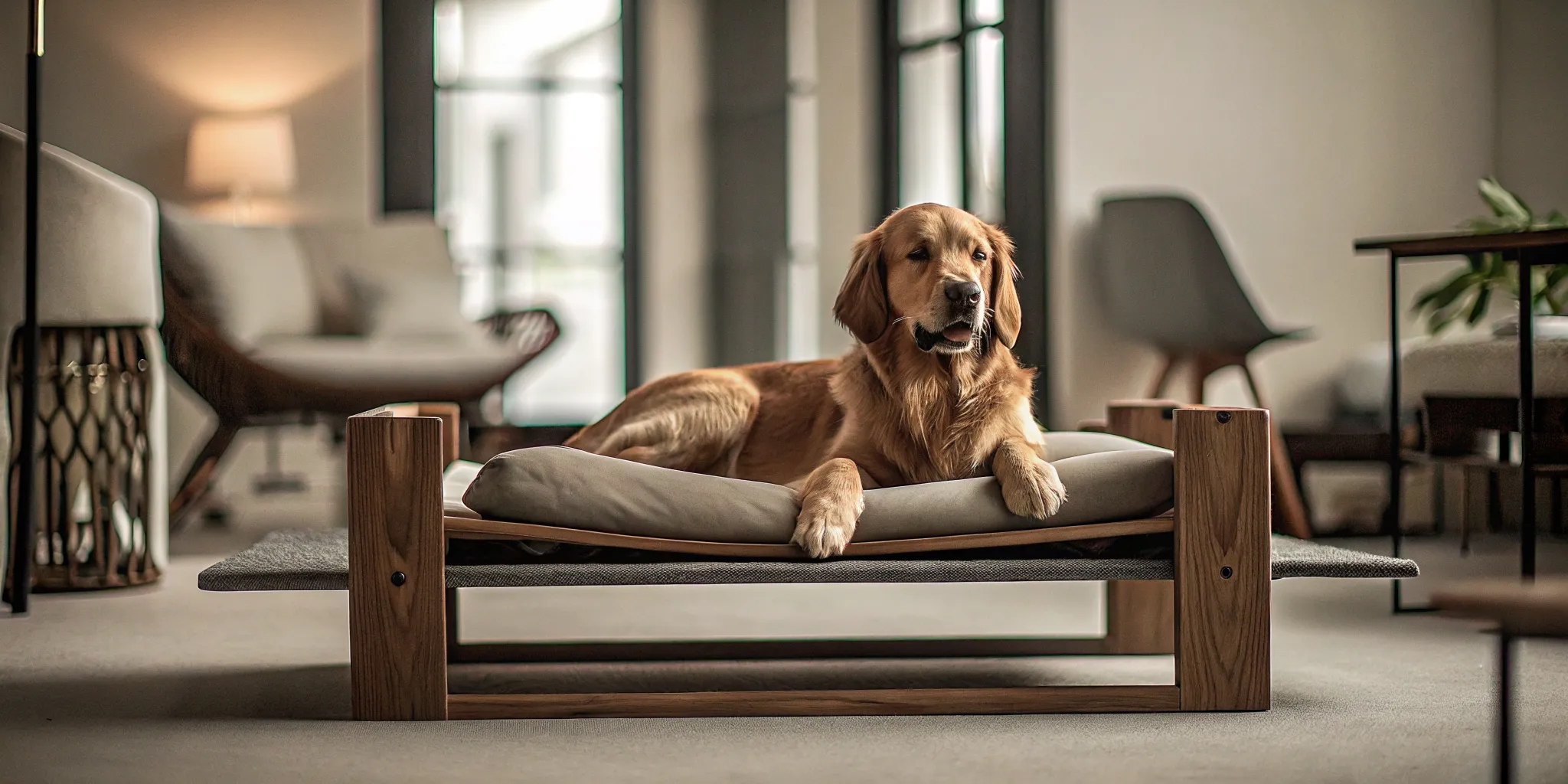 A beautiful Golden Retriever sitting calmly on an elevated dog training cot in a modern home