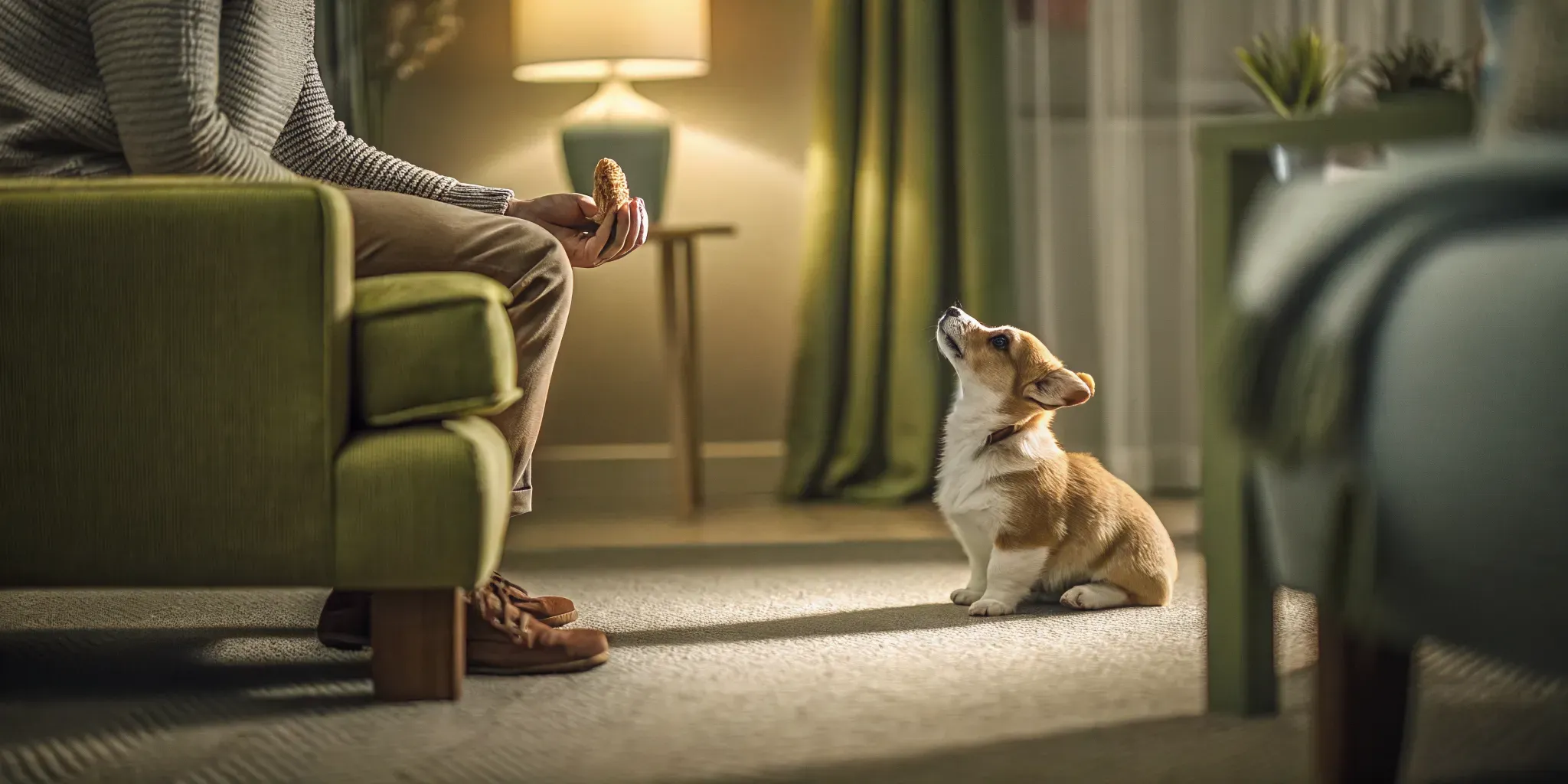 Puppy curiously sniffing a new object while owner offers a treat at a comfortable distance
