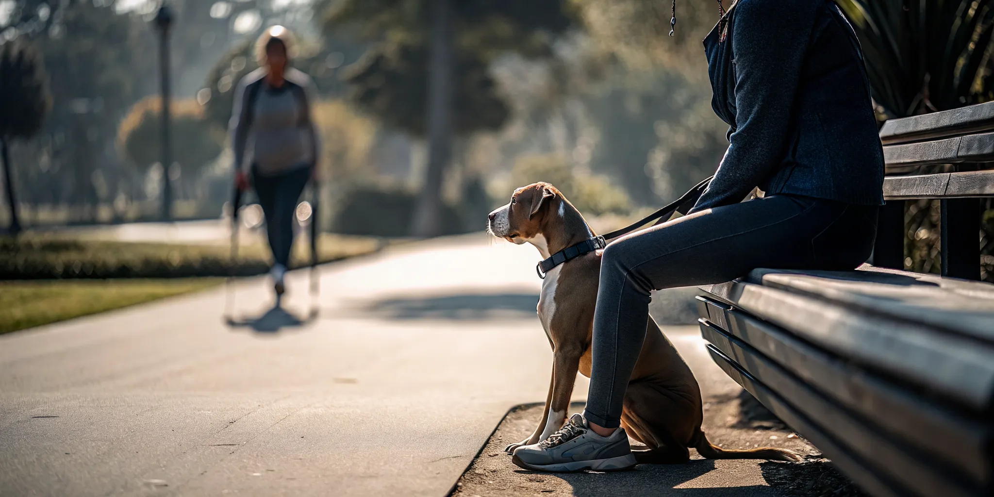 Dog owner walking a golden retriever in a sunny park with a jogger in the background, the dog focused on the handler