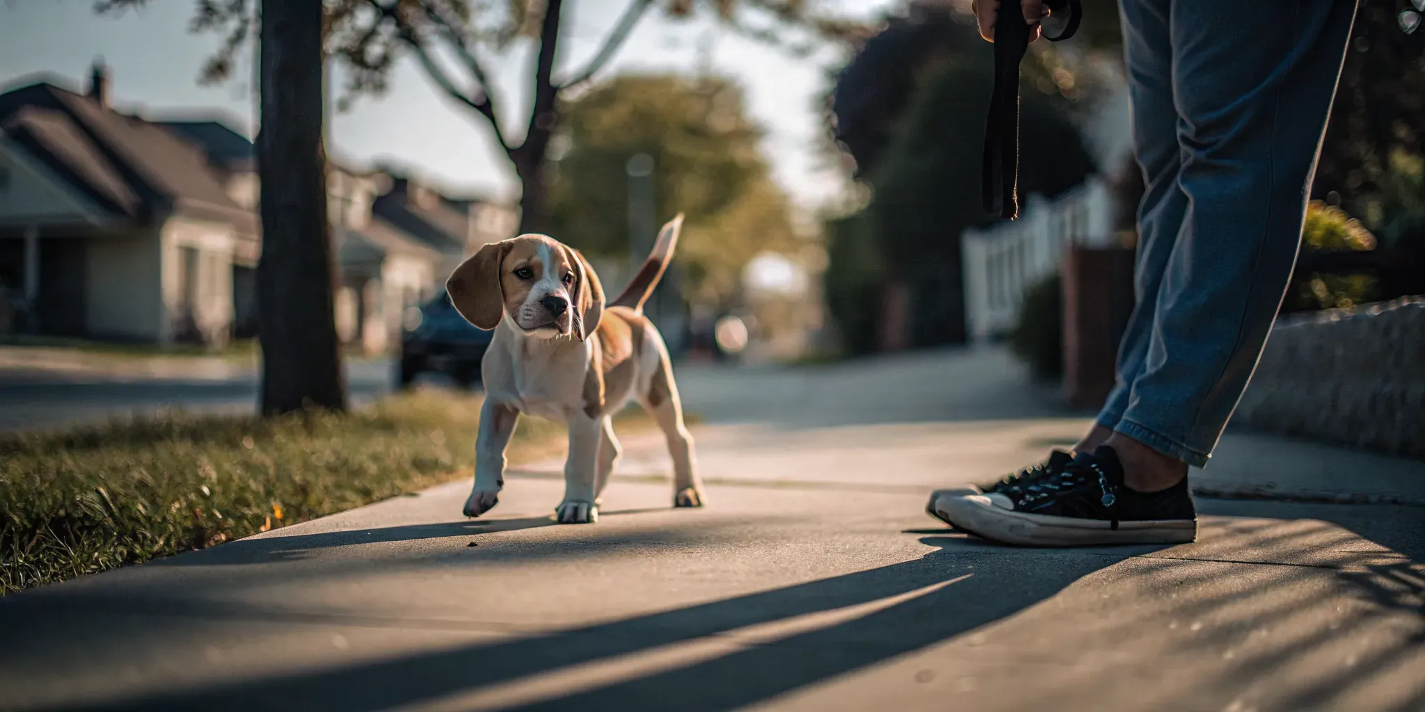 Puppy walking calmly beside its owner on a quiet residential street
