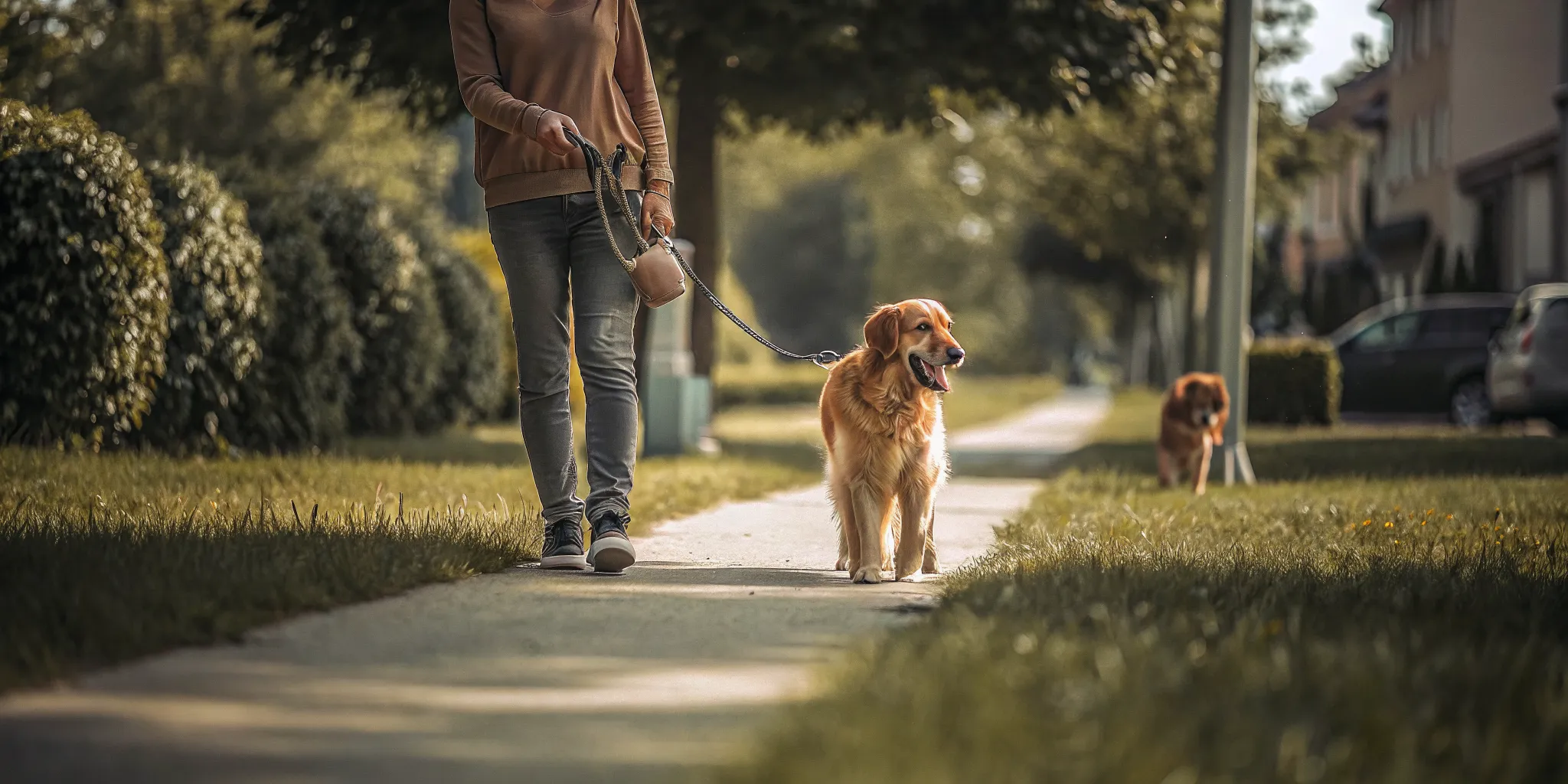 Golden retriever walking on a loose leash past another dog at a distance on a suburban sidewalk, handler rewarding with a treat
