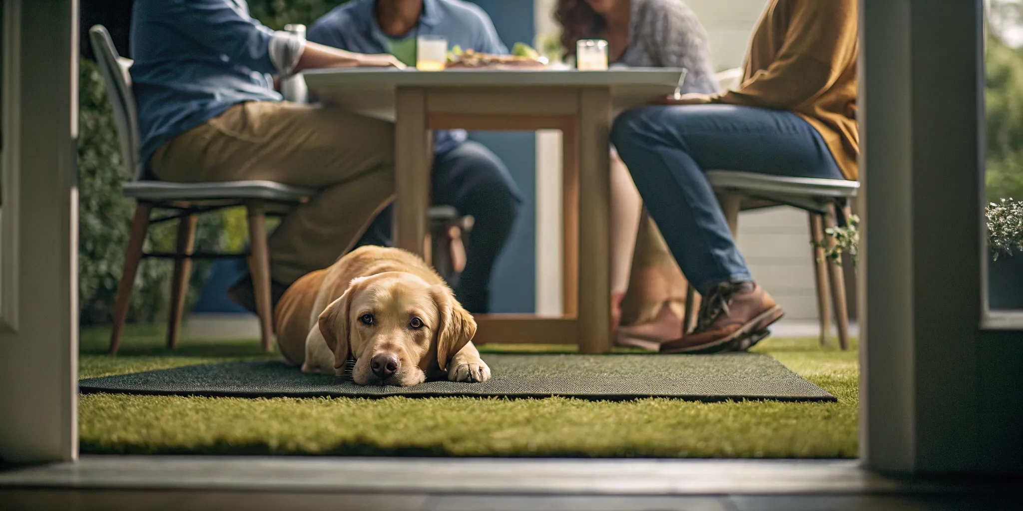 An obedient dog lying down peacefully on a mat during a family dinner