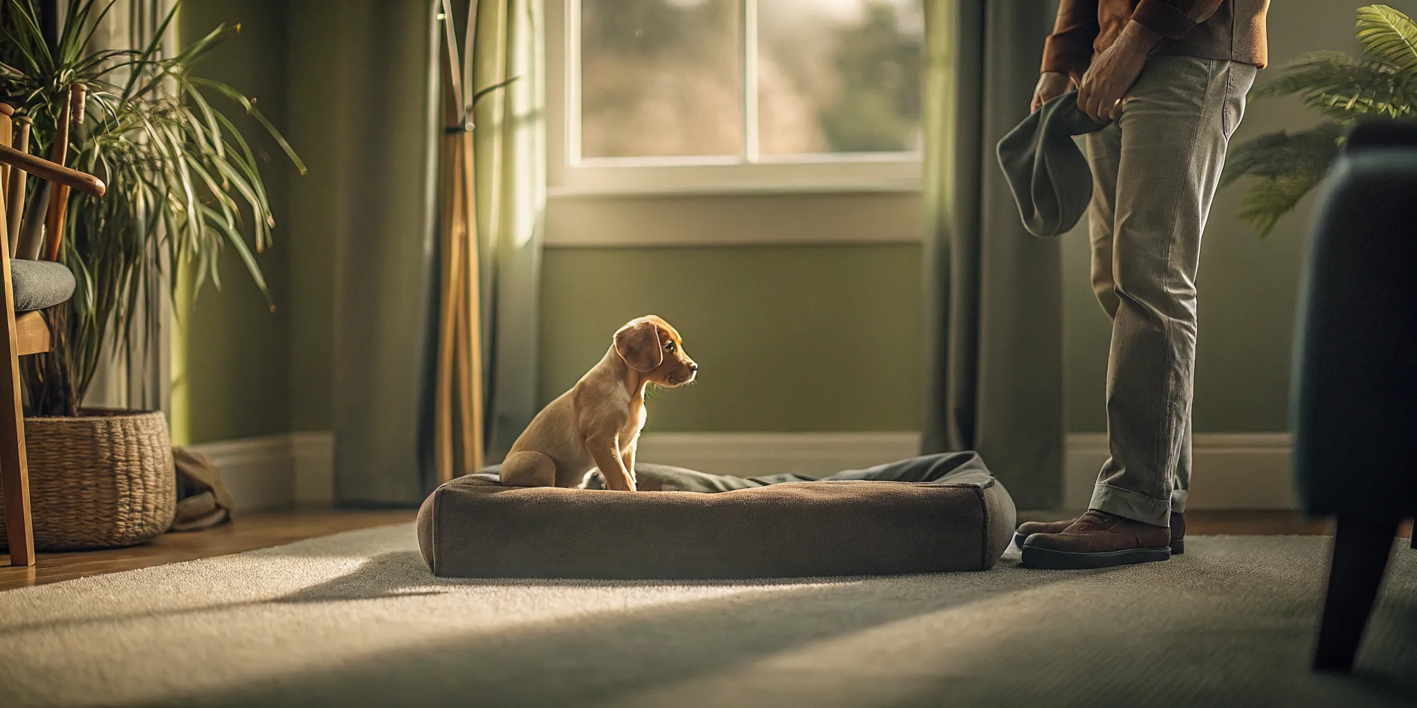 Calm puppy resting on place during a structured home routine