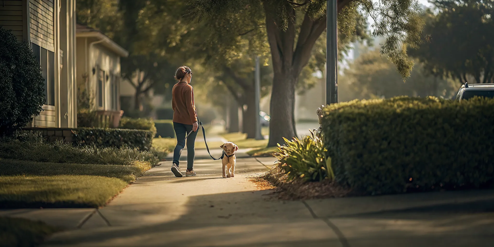 Owner reinforcing calm leash walking during a puppy's daily routine