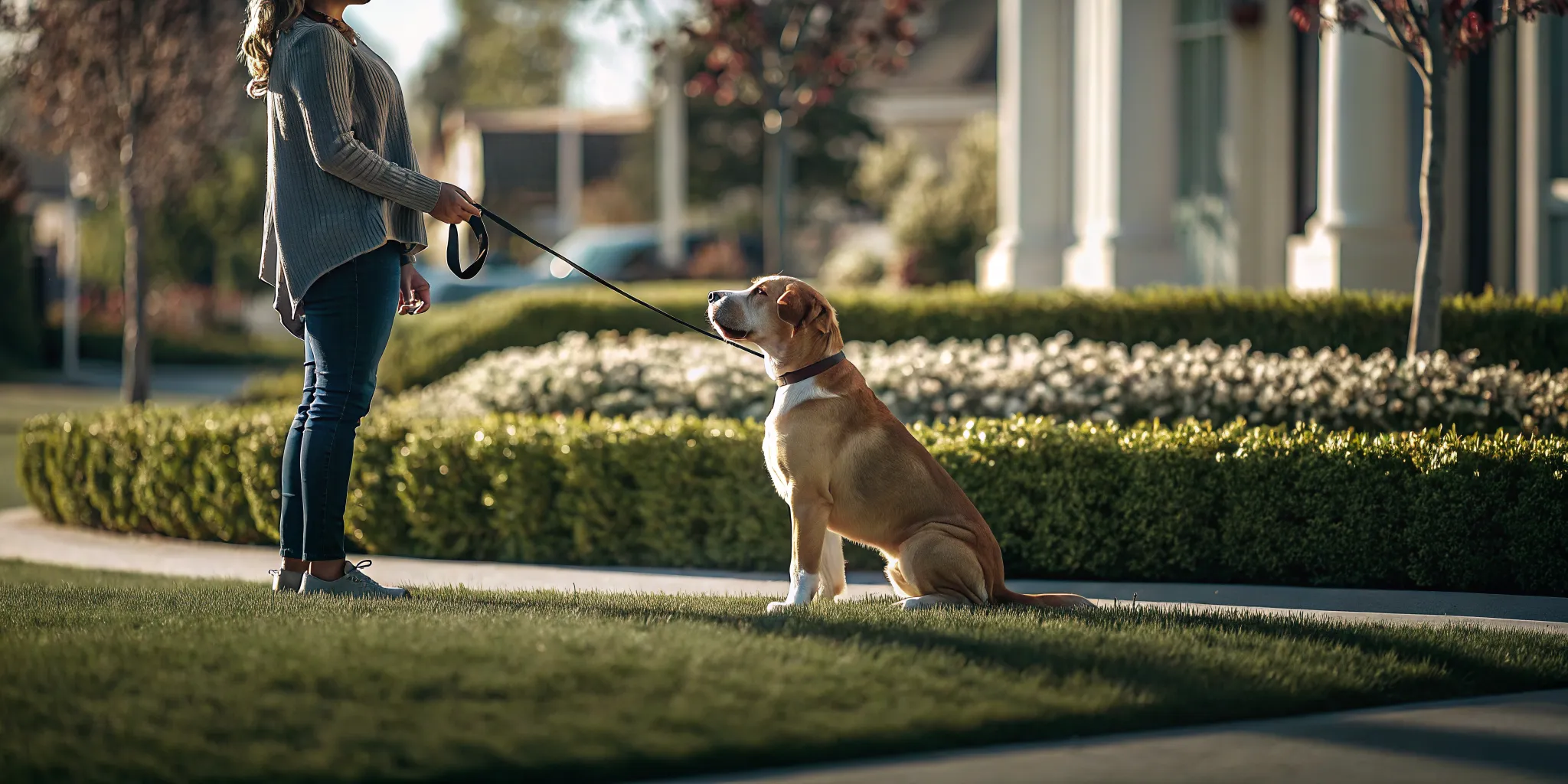 Trainer helping an owner identify signs of a reactive dog during a leash walk