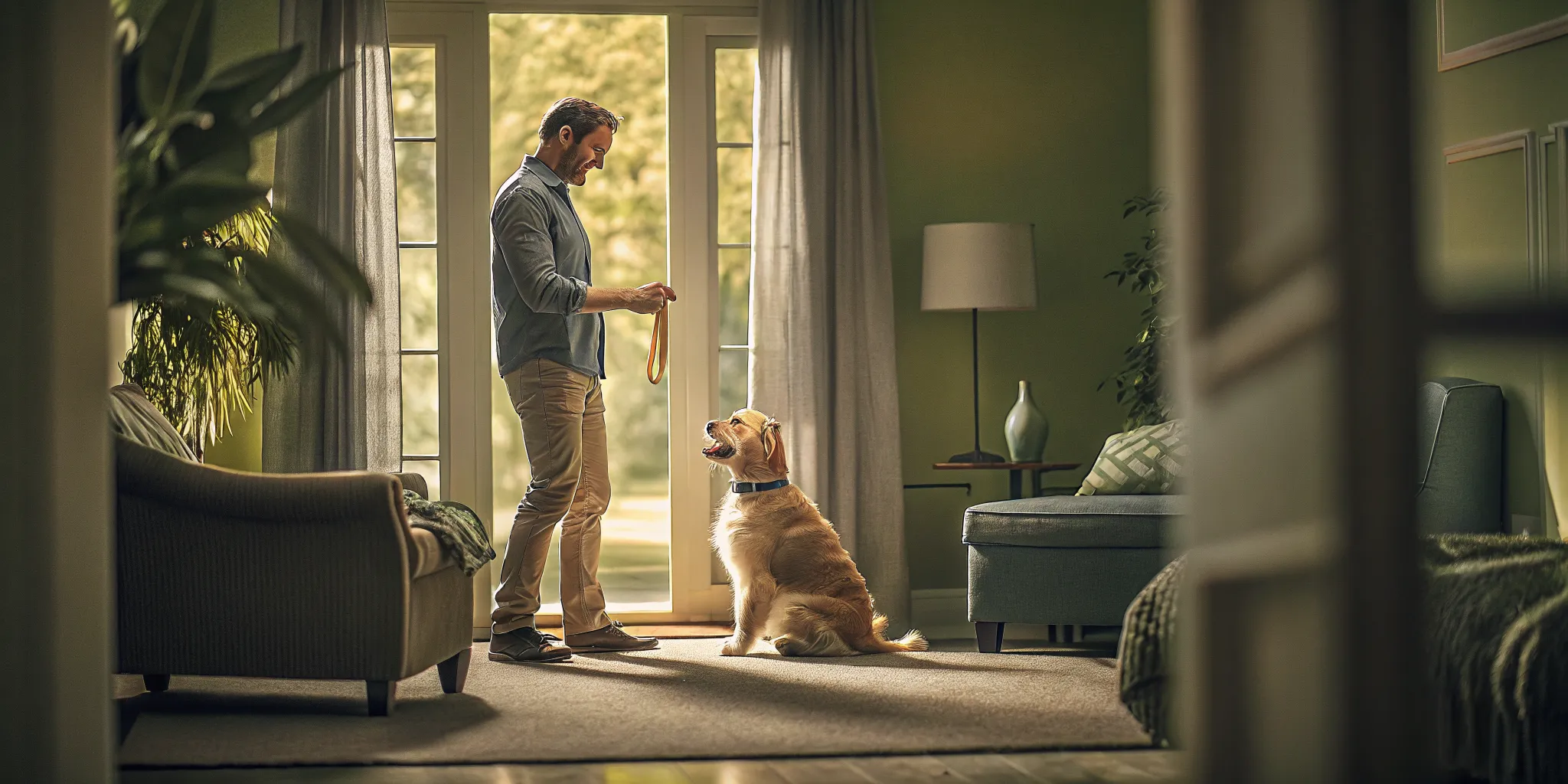Dog practicing calm behavior with a trainer during board and train