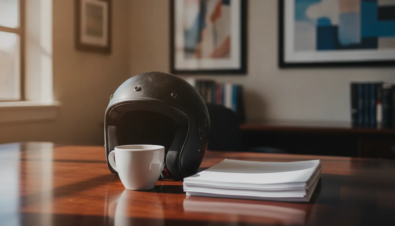 Motorcycle helmet in a California law office, illustrating motorcycle accident claims