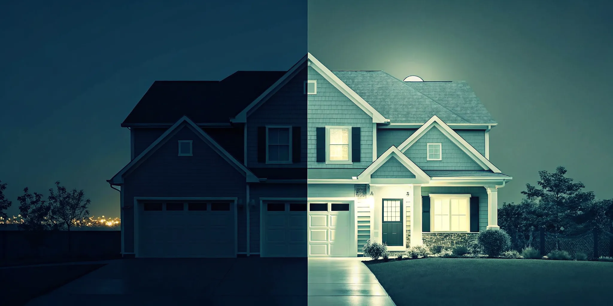 Side-by-side comparison of a renovated suburban house showing before and after transformation