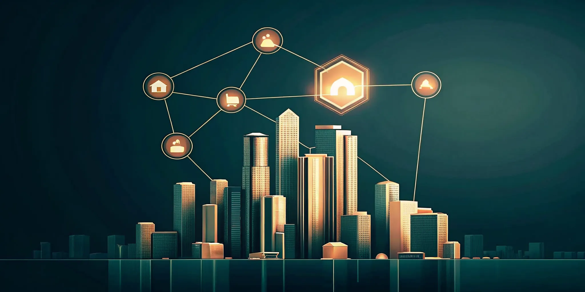 Real estate crowdfunding comparison concept showing city skyline with property icons and investment nodes