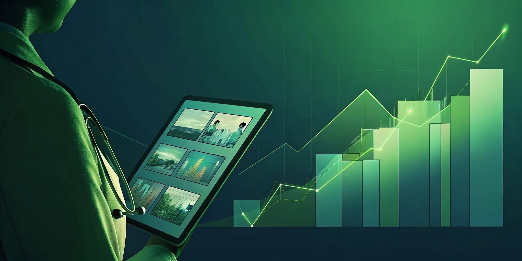 Medical professional reviewing real estate investment project updates and milestone tracking on a tablet dashboard