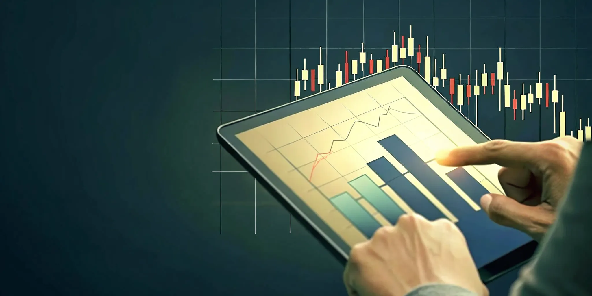 Accredited investor reviewing a diversified investment portfolio with charts showing real estate assets alongside stock market data in a professional modern financial setting