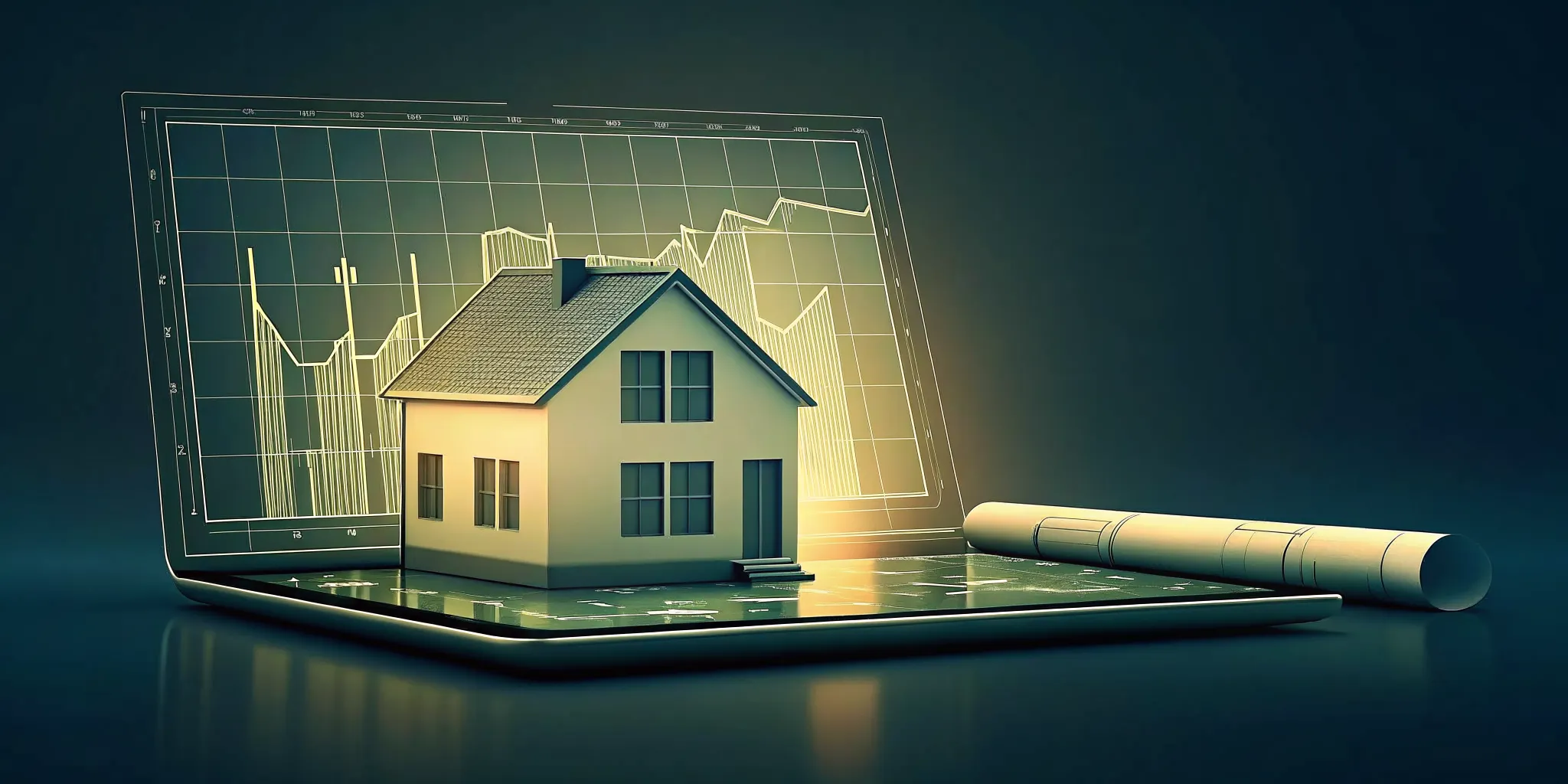 Digital real estate platform interface showing financial metrics and blueprint side-by-side
