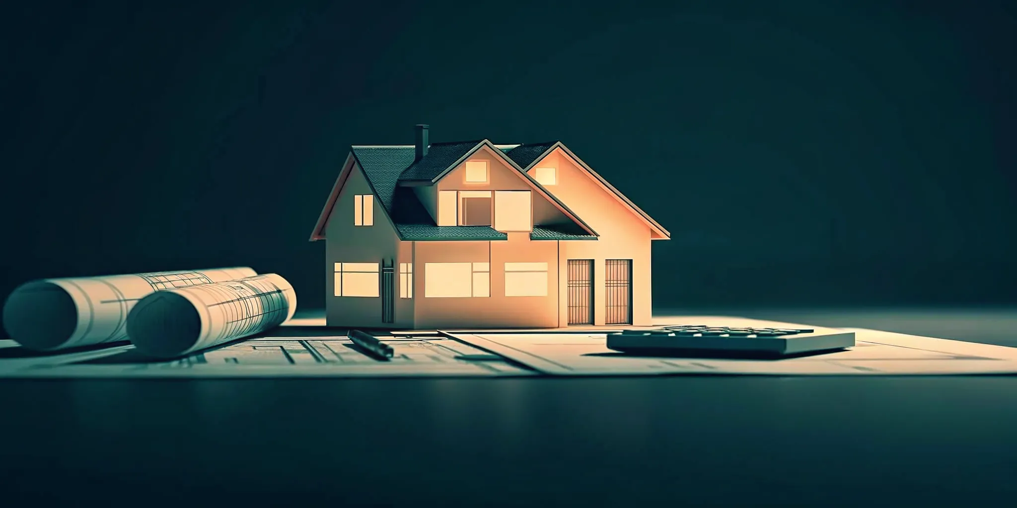 Modern house under renovation with blueprints and investor calculator on table