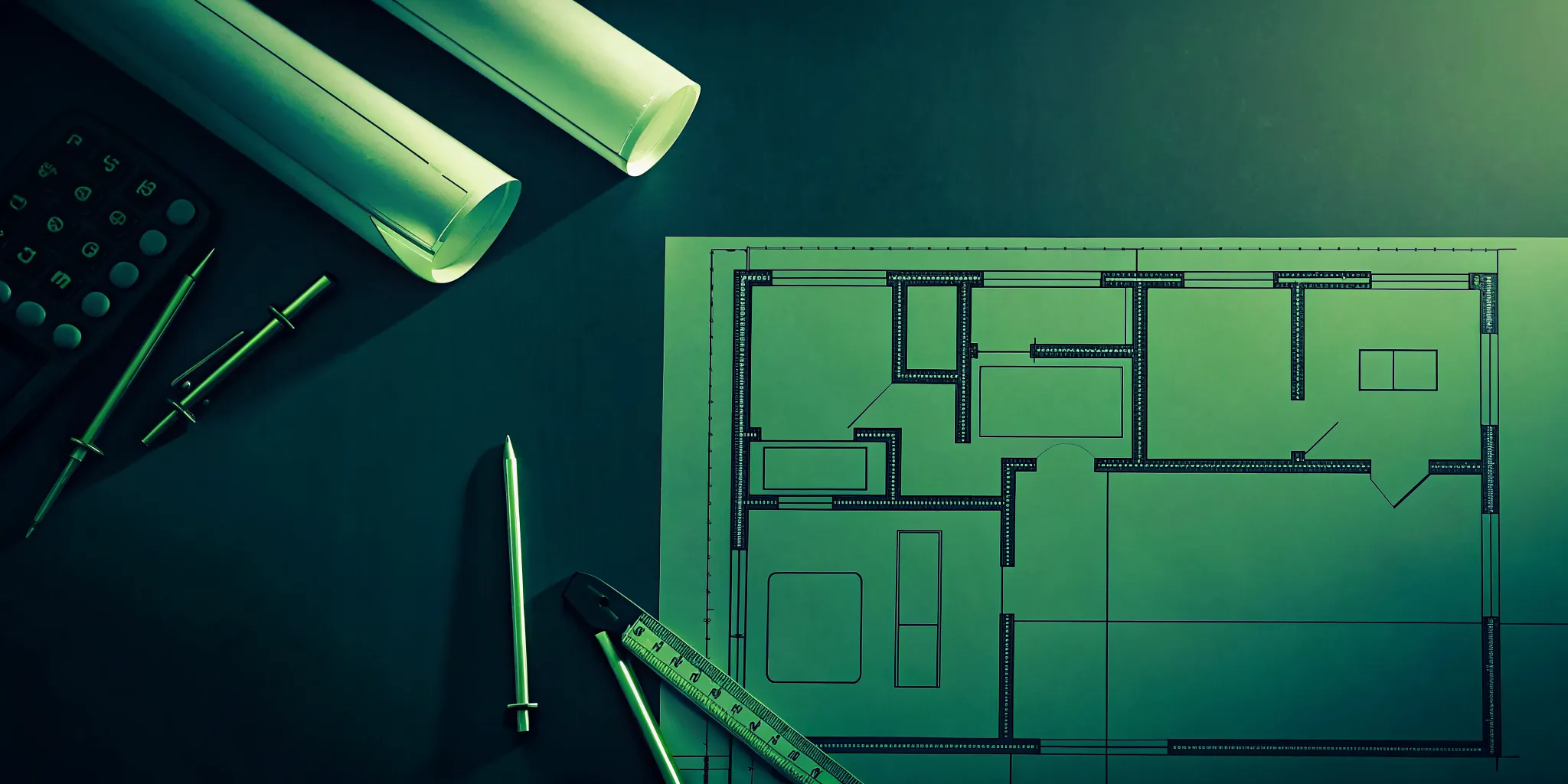 Professional real estate architectural blueprint with calculator and pencil on wooden desk