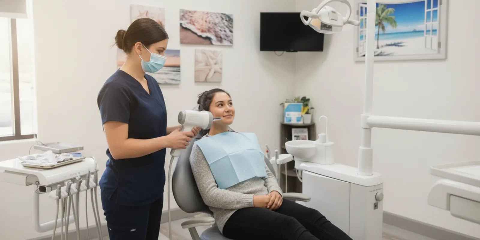 Dental professional positioning a patient for a dental x-ray in a modern treatment room