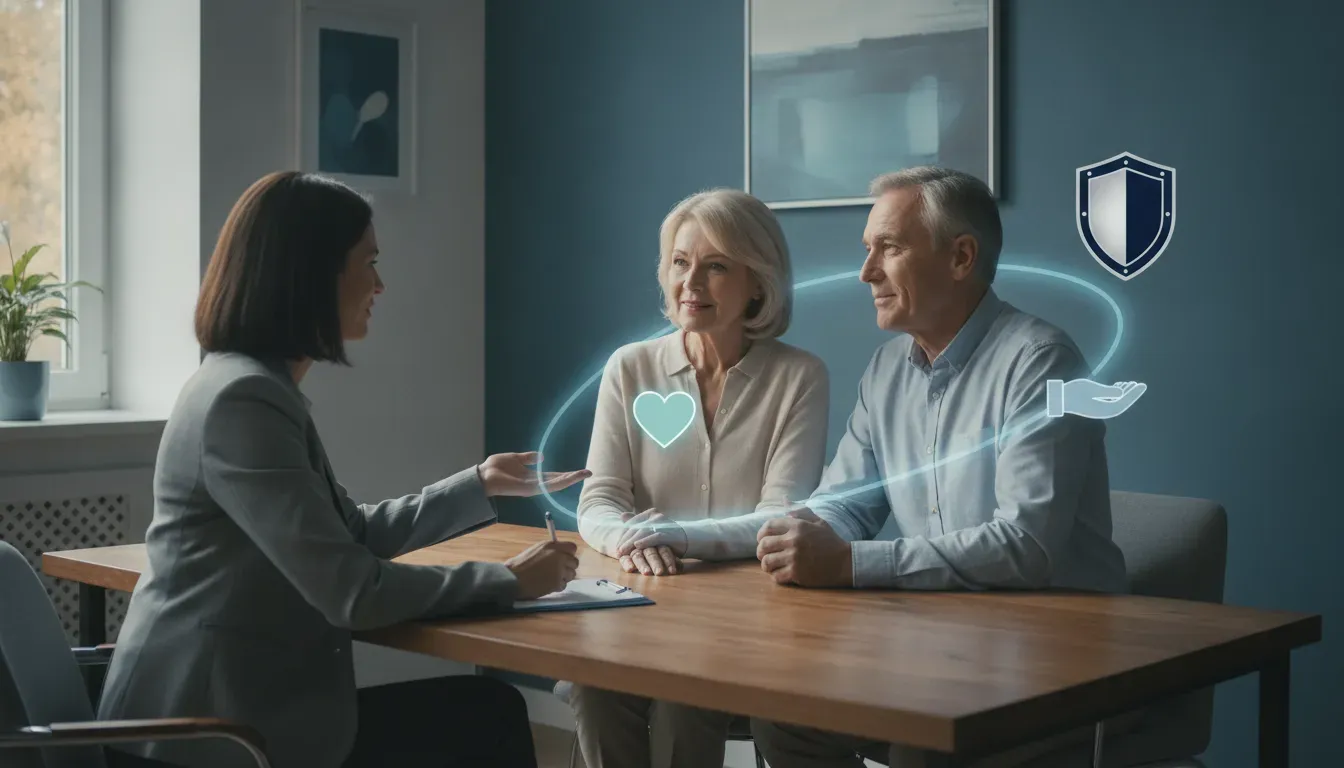 Editorial illustration showing living benefits and remaining life insurance protection for a mature couple