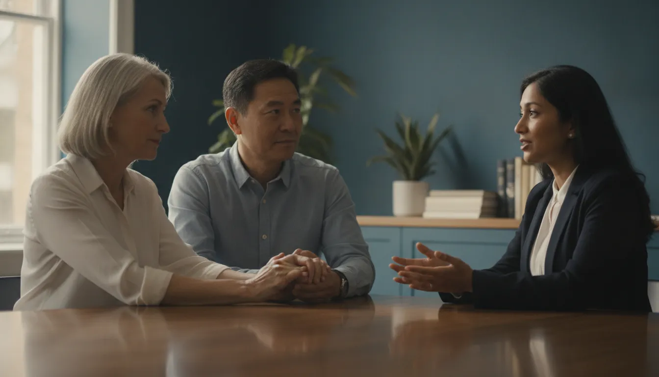 Mature couple discussing retirement protection with a financial advisor