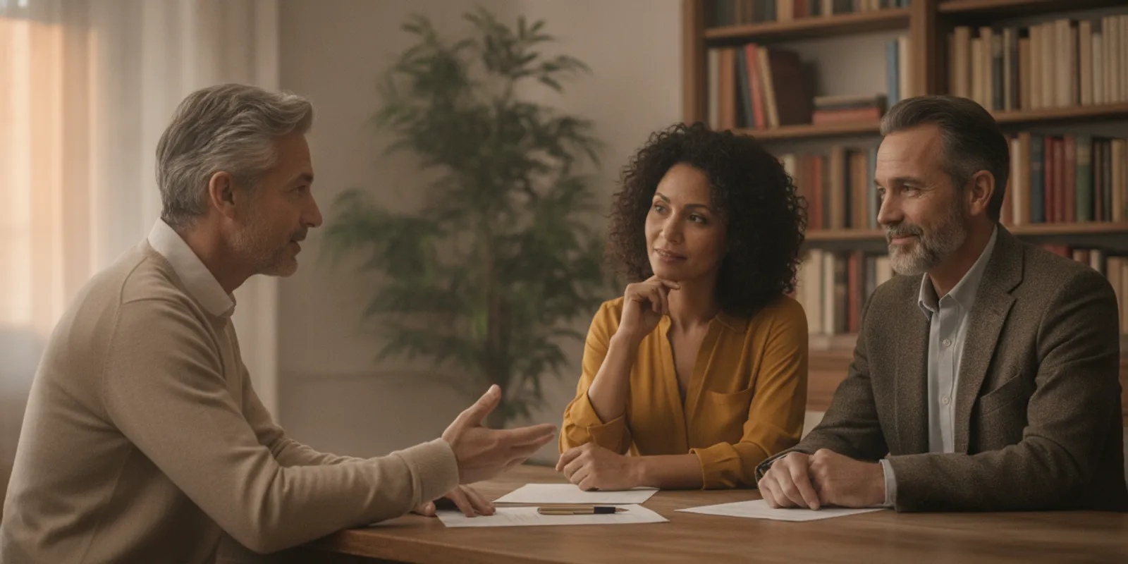 Financial advisor speaking with a couple nearing retirement at a table