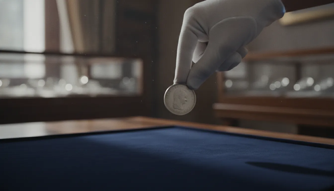 Gloved hand holding a silver dollar over navy velvet in a coin showroom