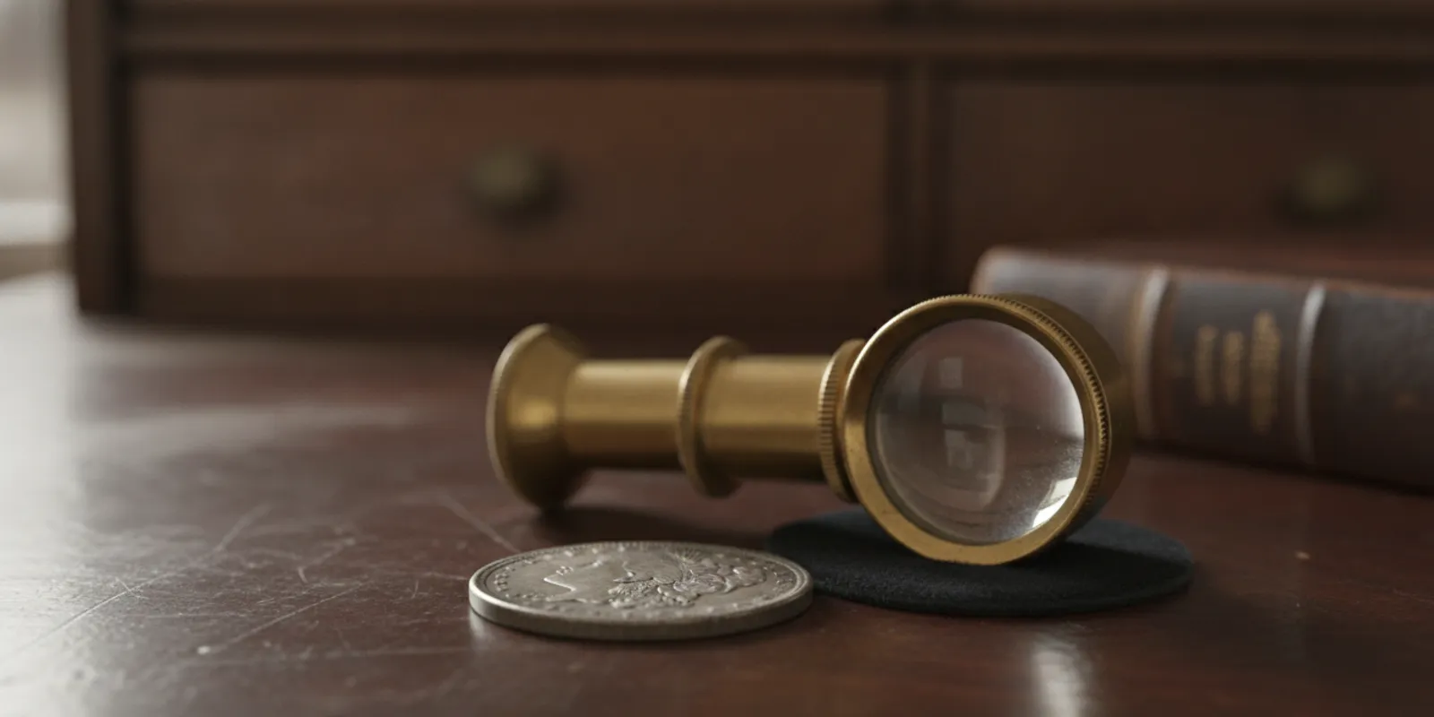 An 1885 Morgan silver dollar shown beside a loupe on a dark collector's desk