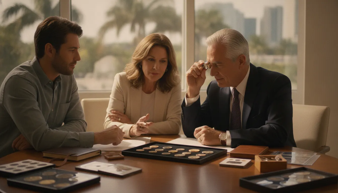 A Park Avenue Account Specialist examining an inherited coin collection with a client at a Miami showroom table