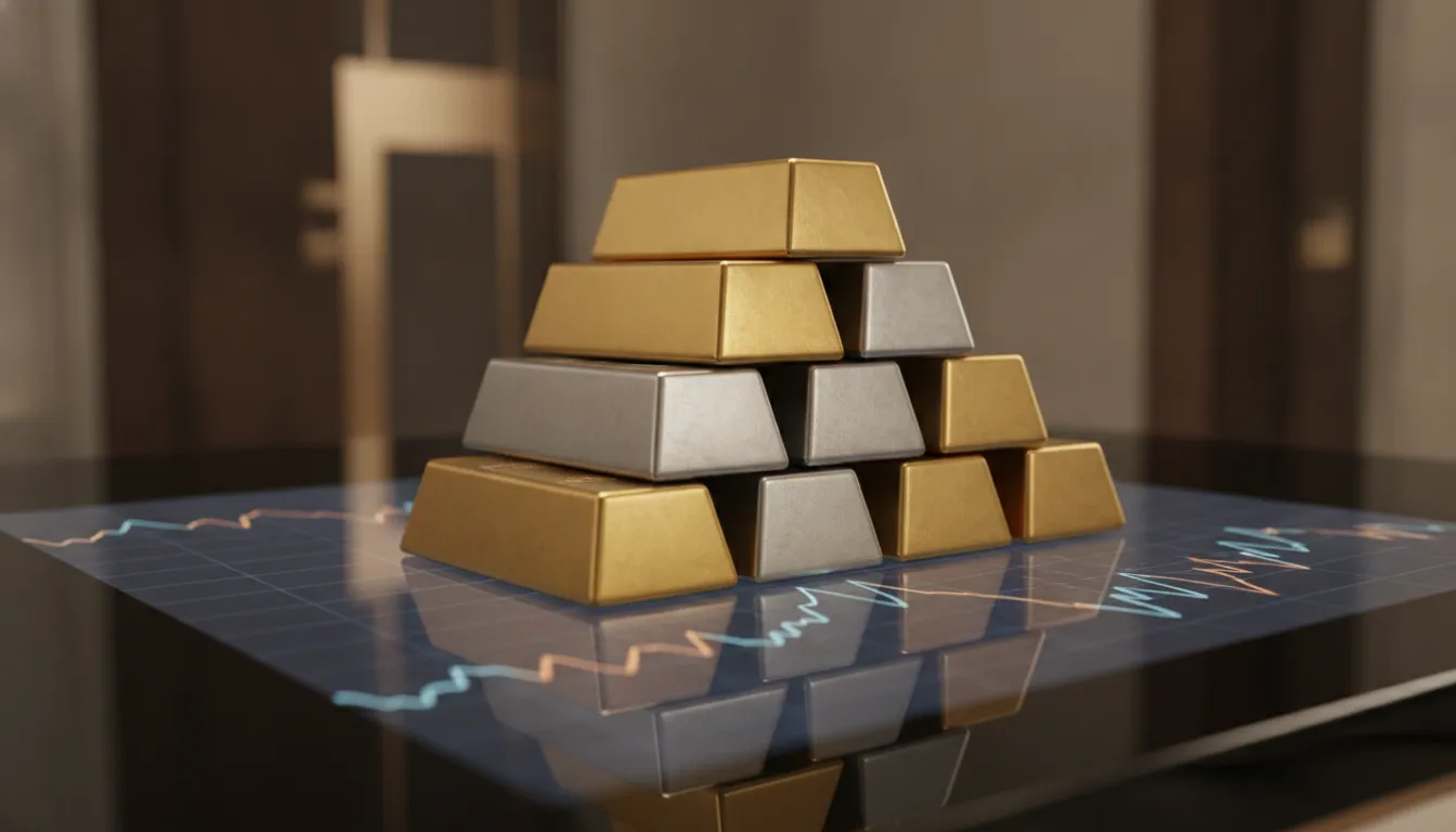 A stack of gold and silver bars valued by today's prices per ounce.