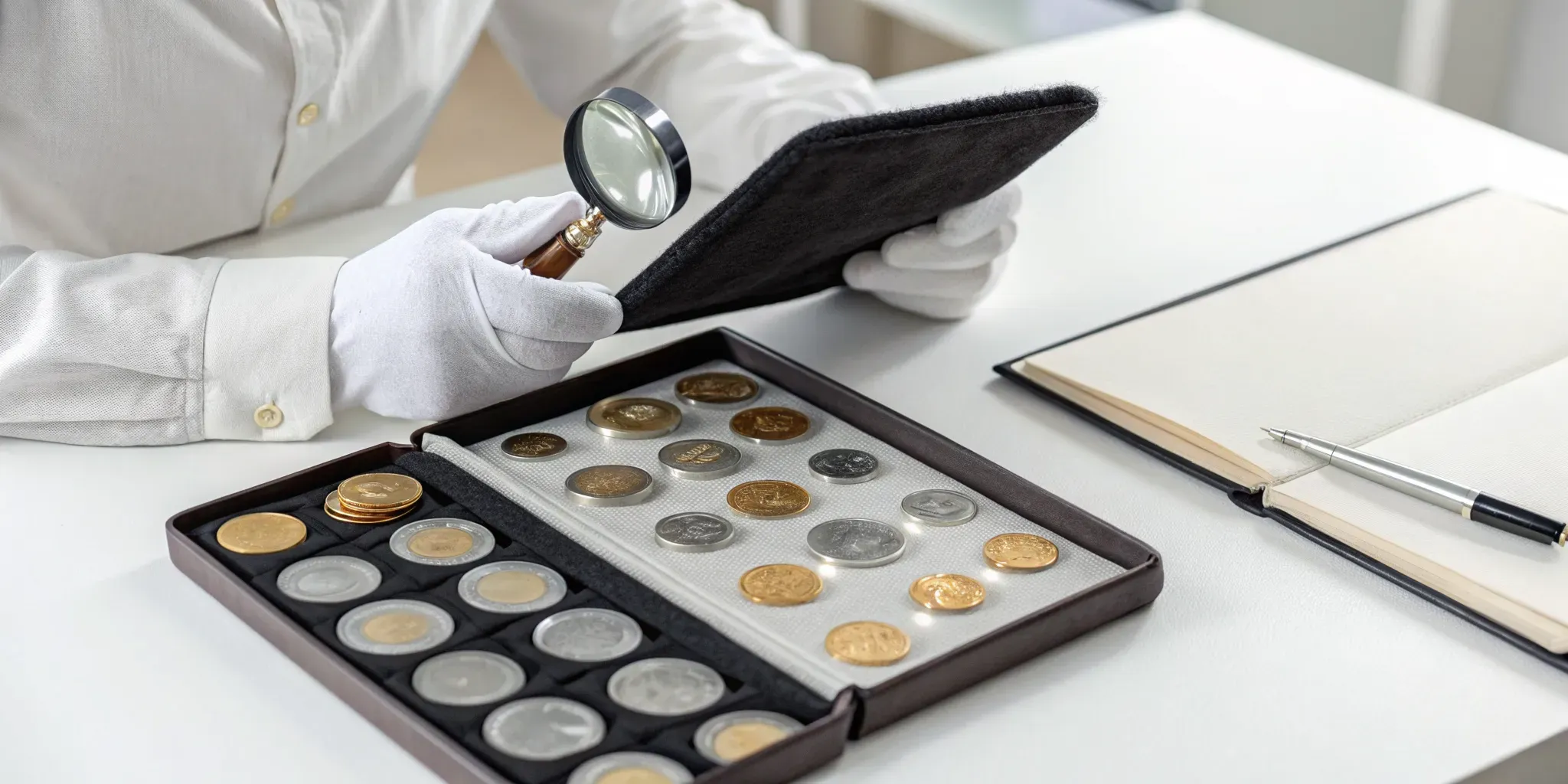 A professional appraises a coin collection, examining a coin with a magnifying glass.