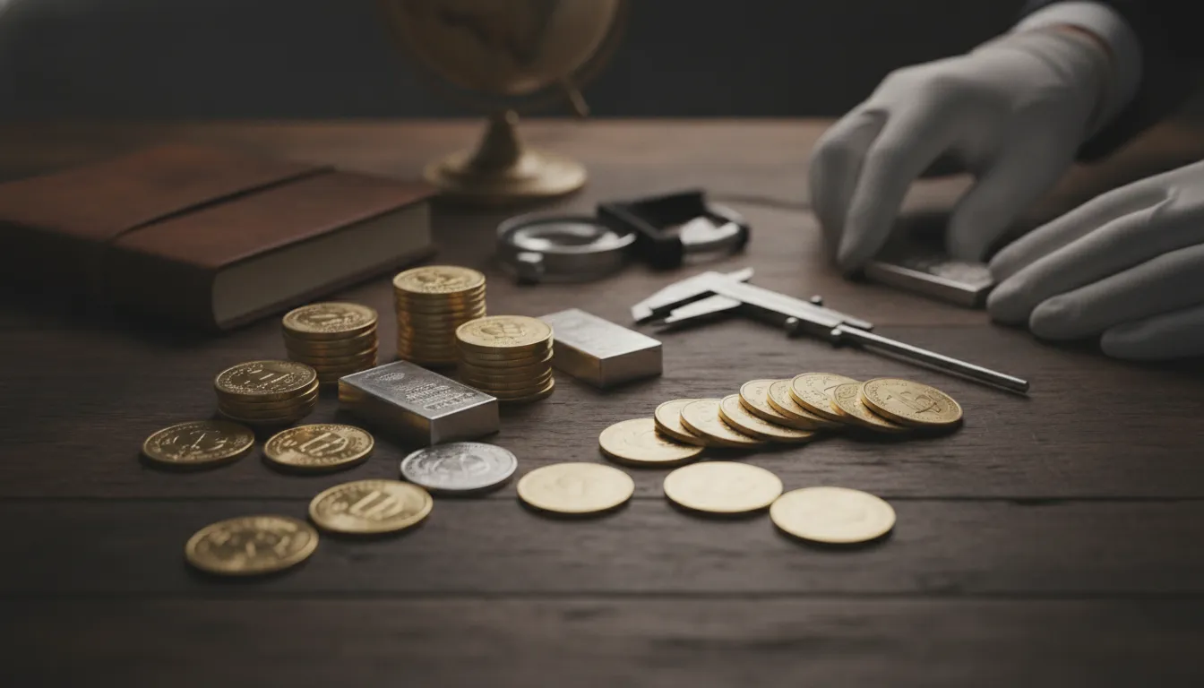 Gold and silver bullion coins, bars, and rounds on a numismatist's workbench